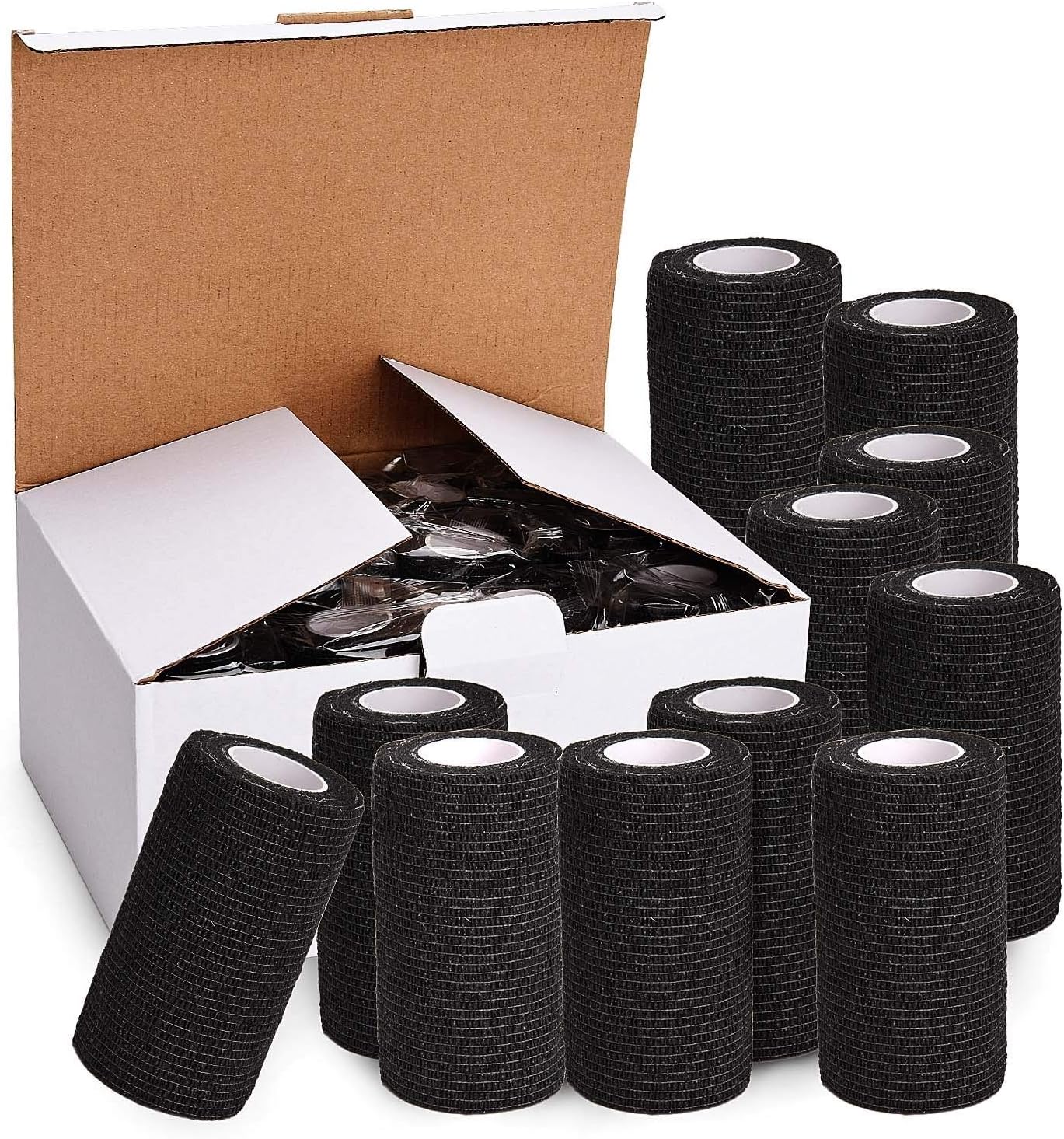 TOBWOLF 12PCS Self Adherent Bandage, 4" x5yd / 10cmx4.5m Cohesive Elastic Bandage Wrap, Breathable Sports Tape for Wrist Ankle Knee Leg Sprains Swelling - Black