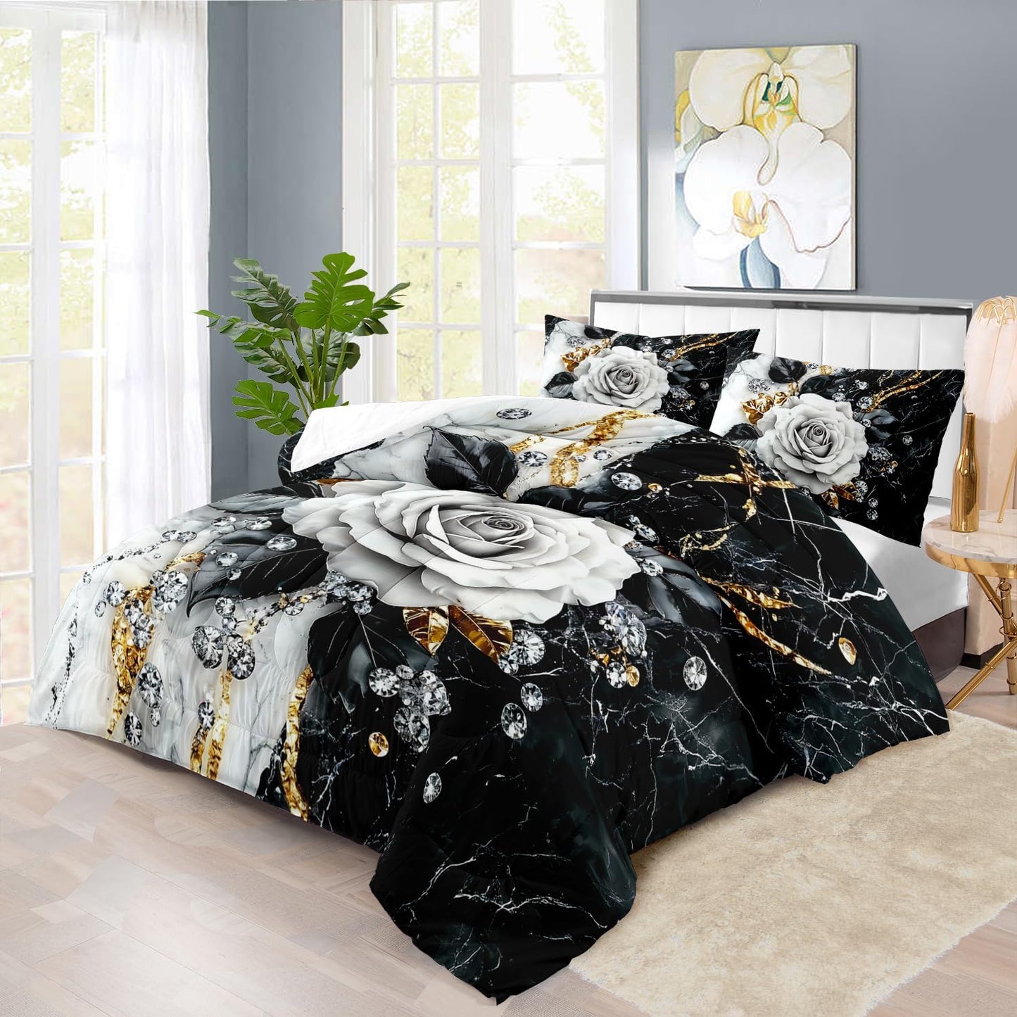 Marble Floral Comforter Set for Queen Bed Women,Vintage Flower Bedding Set Queen,White and Black Comforter Rose Quilt for Girls,Rose Bedding Floral Bedroom Decor Adults