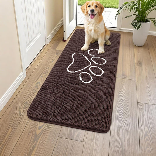 Smiry Dog Door Mat for Muddy Paws, Absorbent Dirt Trapper Non Slip Quick Dry Washable Chenille Mat for Mud Dogs, Entry Rug for Indoor and Outdoor (47x24 Inches, Brown and White)