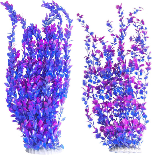 Hamiledyi Aquarium Plastic Plants Aquarium Decor Artificial Fish Tank Plants,Tall Fish Tank Decorations, Extra Large Aquarium Plant 23.6-inch Tall,2PCS（Purple Style A）