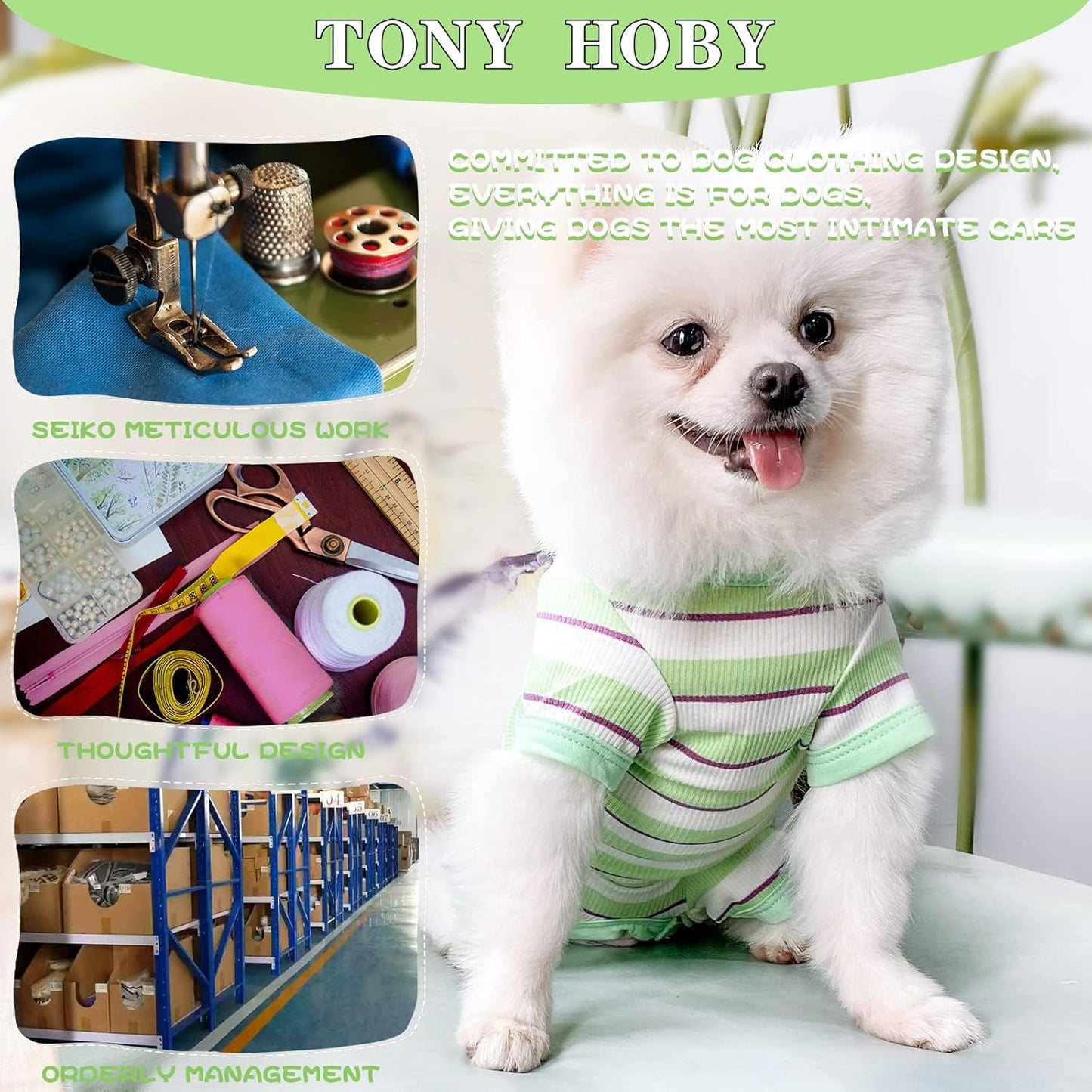 TONY HOBY Dog Pajamas, Male Dog Jumpsuit with Green Stripe, Dogs Clothes for Small Medium Size Dogs (Green&White, Boy, L)