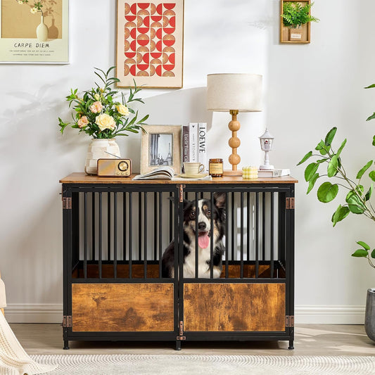 KOOPRO 43.7" Inch Dog Crate Furniture with Cushion for Large Dogs, Wooden Heavy Duty Dog Kennel with Double Doors Indoor, Decorative Pet House Dog Cage Side End Table, Rustic Brown