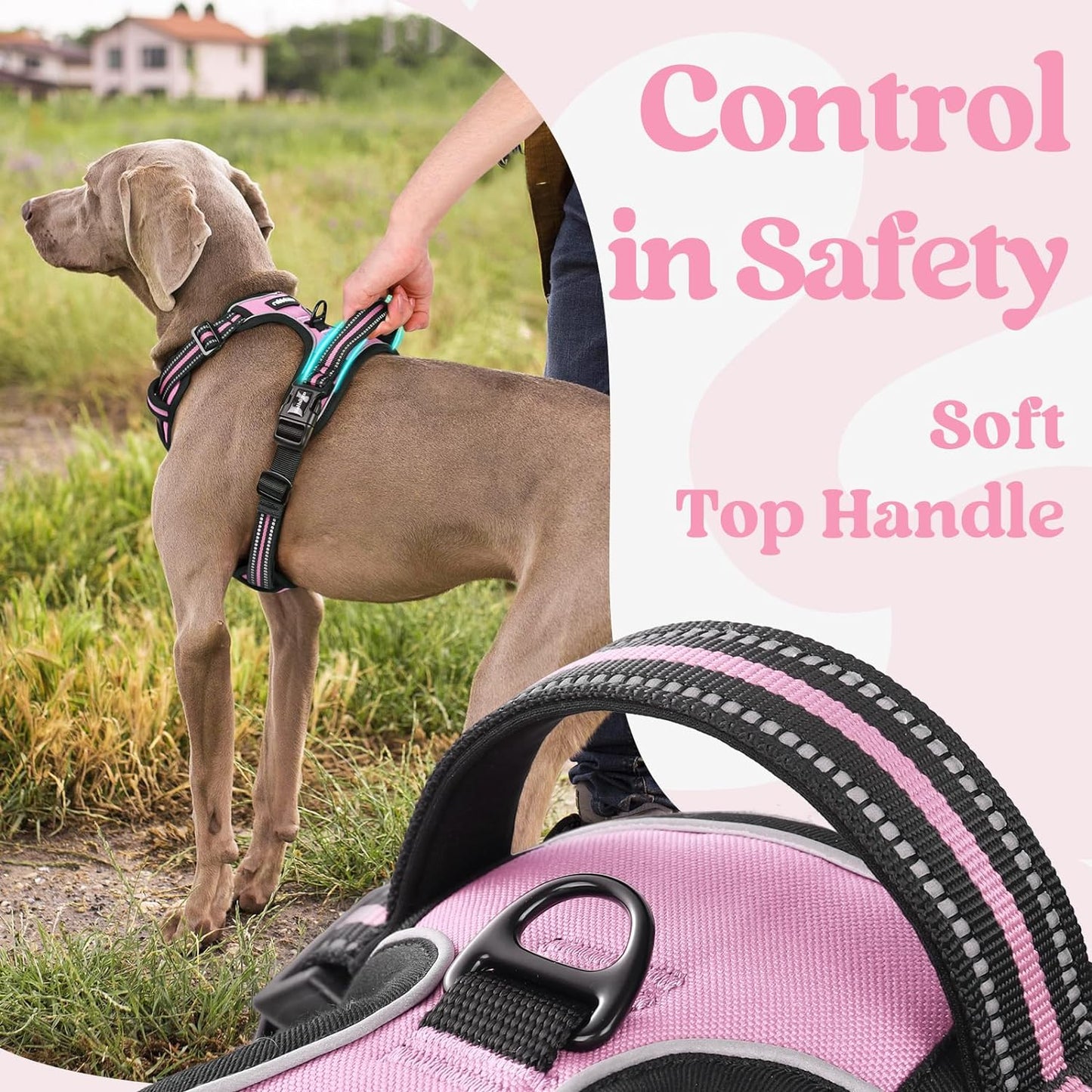 rabbitgoo Dog Harness for Large, No Pull Pet Harness with 3 Buckles, Adjustable Soft Padded Vest with Control Handle, Walking Reflective Pet Vest for Extra Large Dogs, Pink, XL