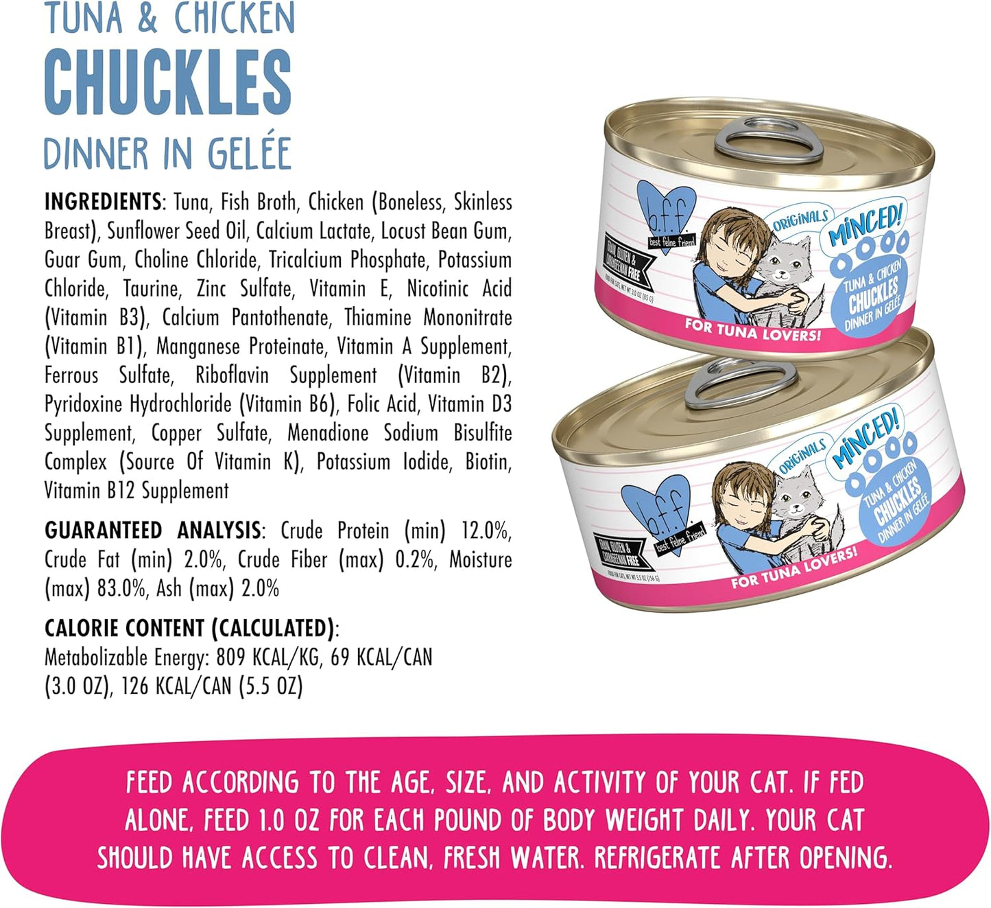 Weruva BFF Minced Natural Wet Cat Food, Tuna and Chicken Chuckles in Gelee, 3oz Can, Pack of 24