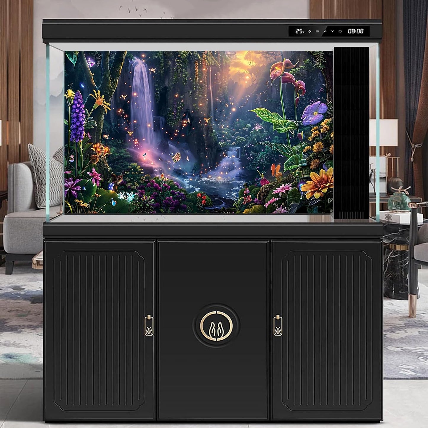 Fantasy Garden Aquarium Background Sunset Waterfall and Flowers Terrarium Backdrop Tropical Forest Lush Plant Magic Butterfly Lights Flowers Fish Tank Background Poster Decorations 36x24in