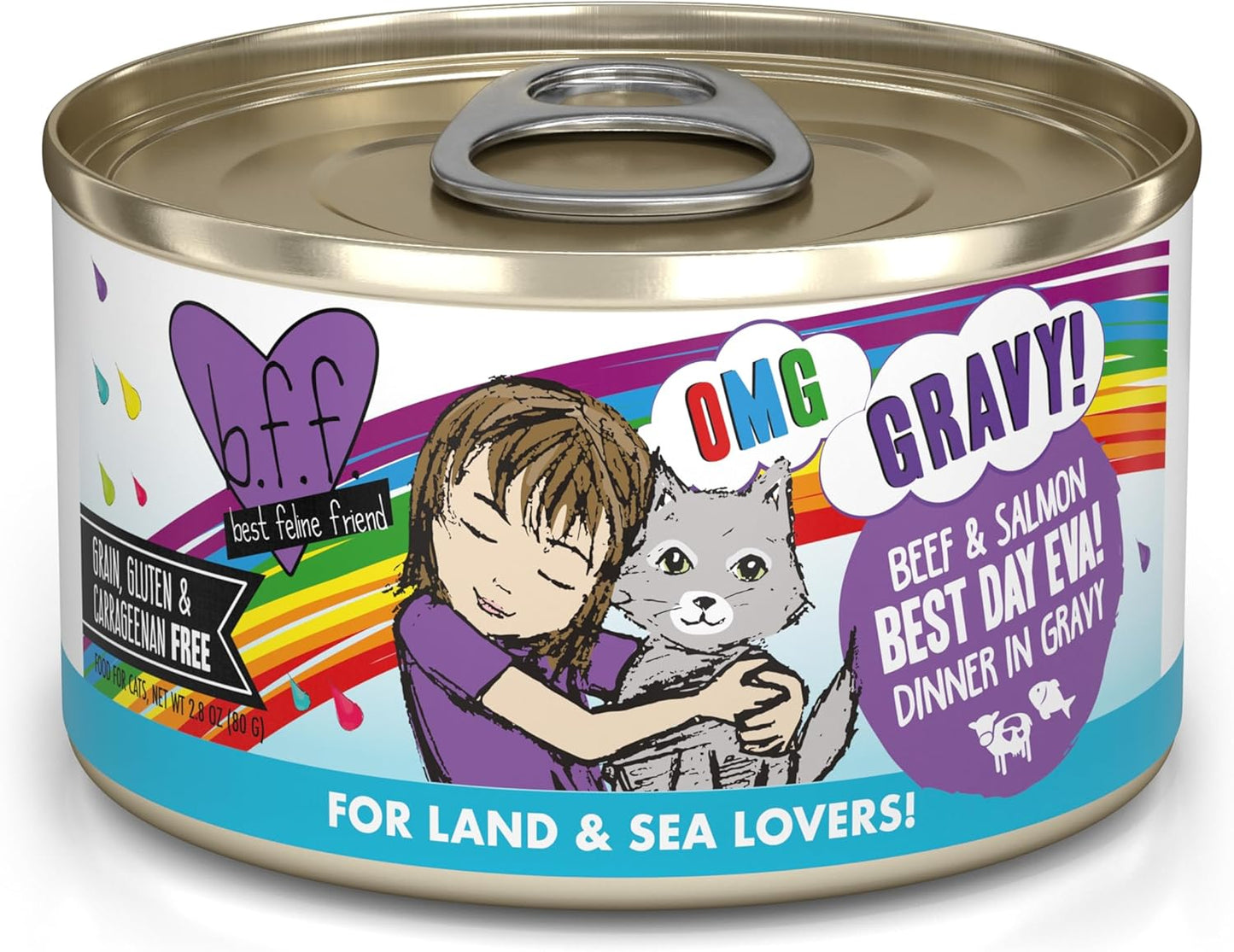 Weruva B.F.F. OMG - Best Feline Friend Oh My Gravy!, Best Day Eva! with Beef & Salmon in Gravy Cat Food, 2.8oz Can (Pack of 12)