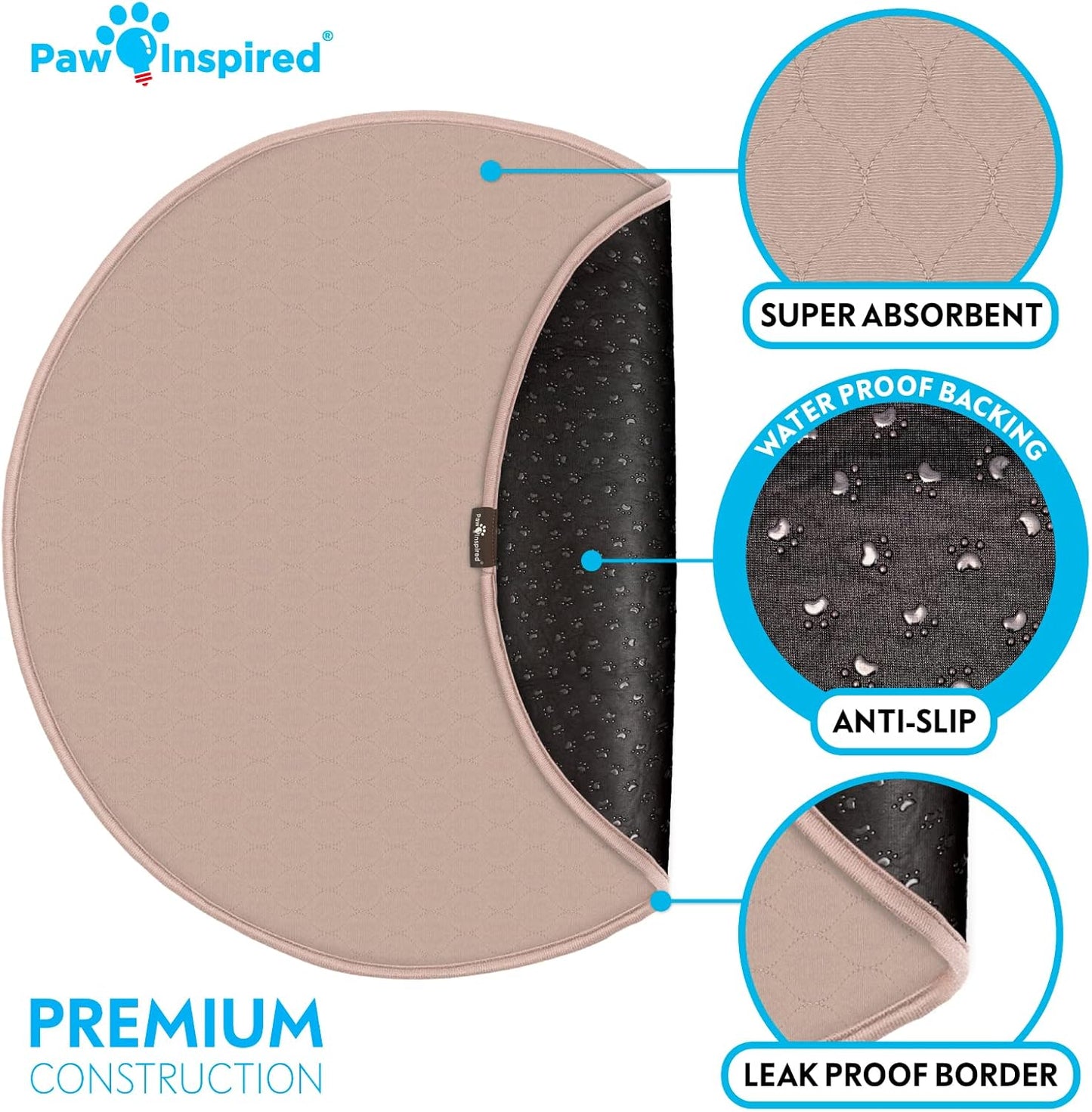 Paw Inspired Round Washable Pee Pads for Dogs (2 Pack), Reusable Puppy Pads for Potty Training, Whelping, Waterproof Mat, Leakproof, Non-Slip Liners (29 Inch, Pack of 2)