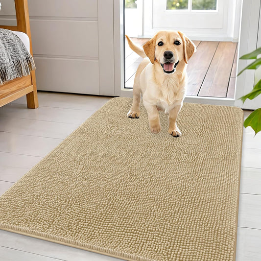 OLANLY Dog Door Mat for Muddy Paws 44x32, Absorbs Moisture and Dirt, Absorbent Non-Slip Washable Doormat, Quick Dry Chenille Mud Mat for Dogs, Entry Indoor Entryway Carpet for Inside Floor, Beige