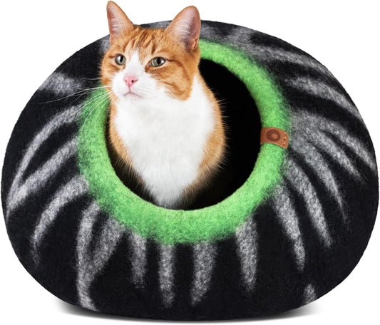 MEOWFIA Cat Cave – Premium Felt Cat Bed for Indoor Cats, Handmade 100% Merino Wool (Large, Shining Tiger)
