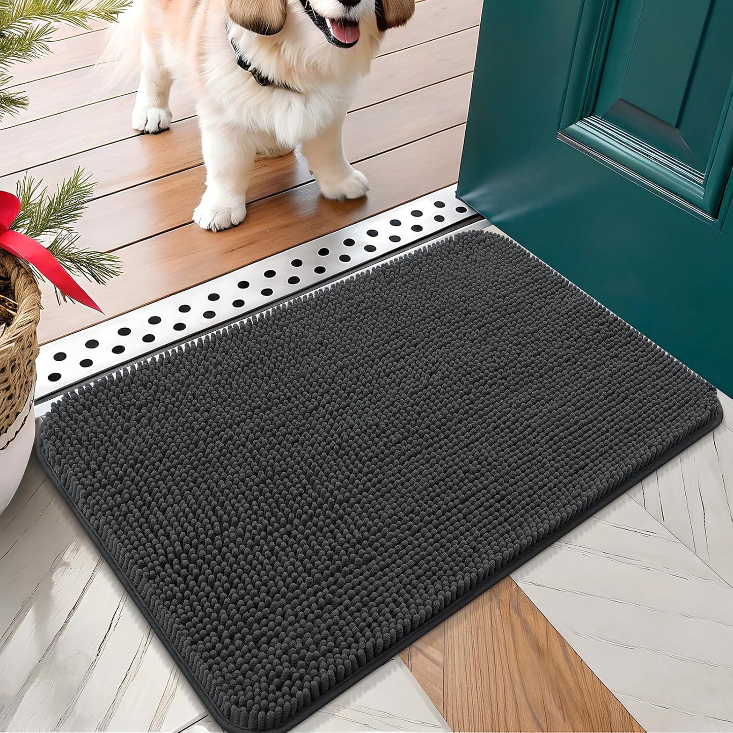 OLANLY Dog Door Mat for Muddy Paws 24x16, Absorbs Moisture and Dirt, Absorbent Non-Slip Washable Doormat, Quick Dry Chenille Mud Mat for Dogs, Entry Indoor Entryway Carpet for Inside Floor, Dark Grey