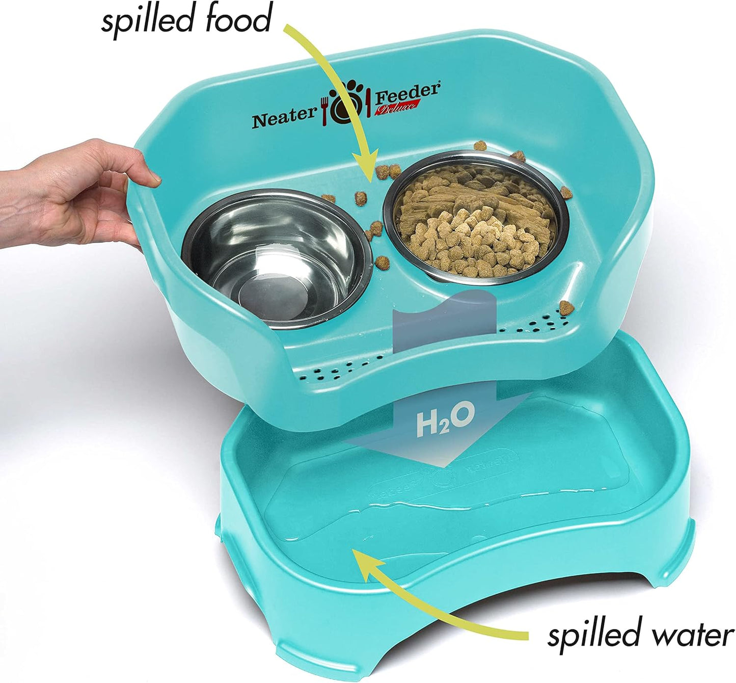 Neater Feeder Deluxe Mess Proof Dog Bowls Elevated Medium Sized Dogs (19-40 lbs) Made in USA, No Spill Raised Dog Food Bowl Stand w/Leg Extension, Stainless Steel Food and Water Bowl Set, Aquamarine