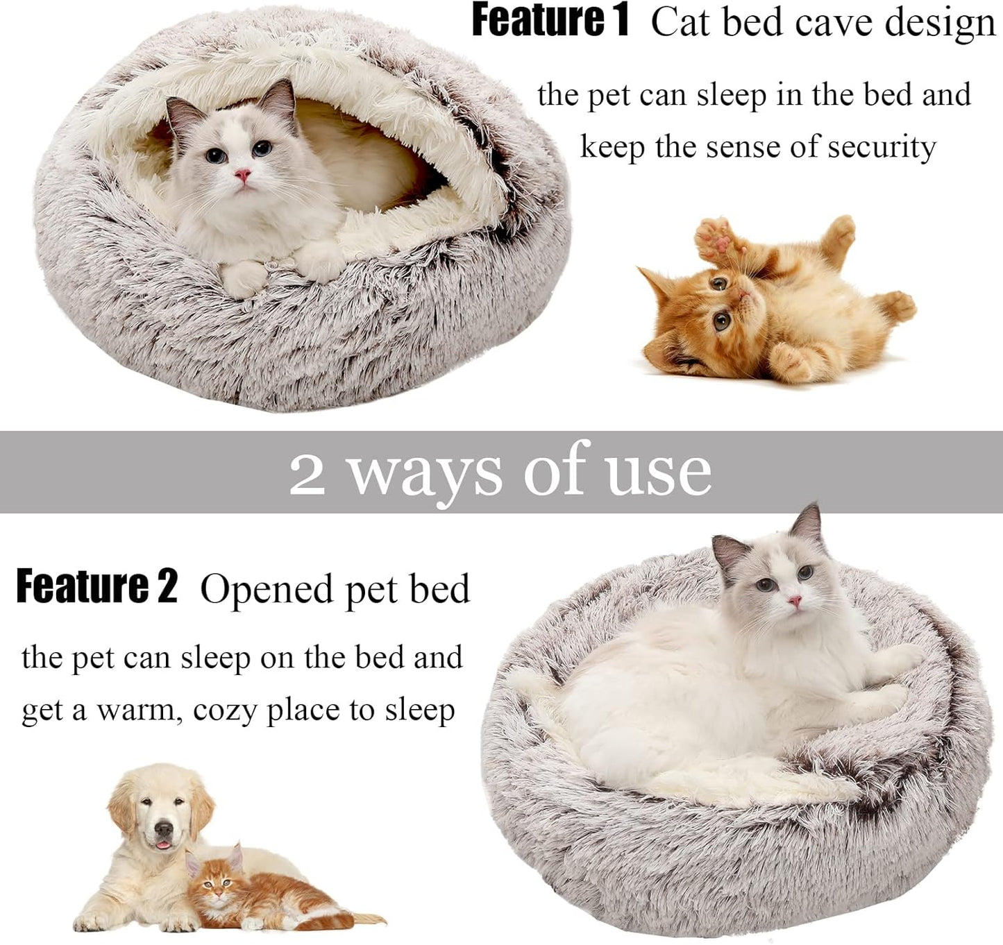 Calming Dog Beds & Cat Cave Bed with Hooded Cover,Removable Washable Round Beds for Small Medium Pets,Anti-Slip Faux Fur Fluffy Coved Bed for Improved Sleep,Fits up to 15/25 lbs (Small,20"x20")