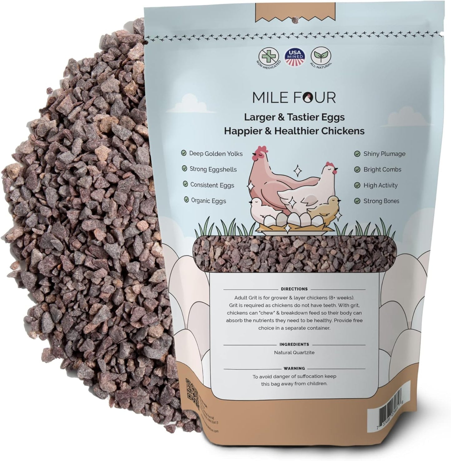 Chicken Grit for Layer & Grower Chickens Age 8-20+ Weeks - 100% Natural Mineral Chicken Grit Quartzite, Poultry Grit, USA Mined, 4 lbs
