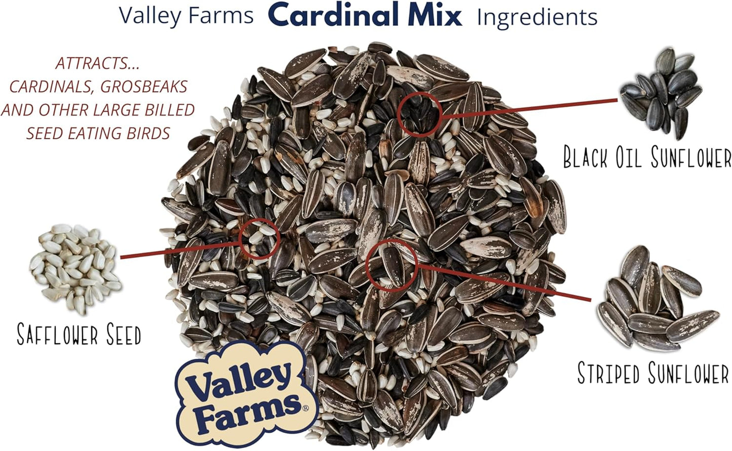 Valley Farms Cardinal Mix (3 LB) Wild Bird Food for Outside Feeders, Cardinal Bird Seed with Black Oil Sunflower Seeds and Safflower Seeds, Attract a Variety of Wild Birds