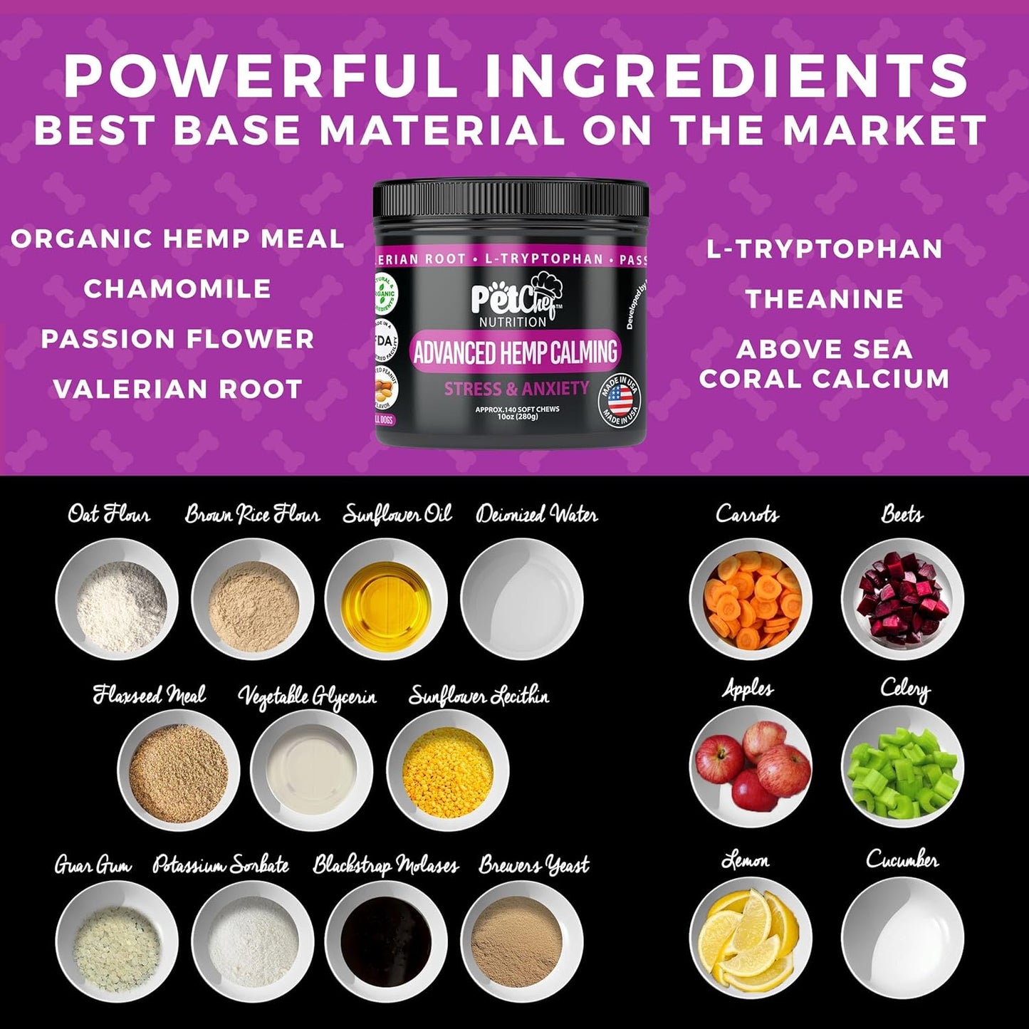 Pet Chef Dog Calming Chews 140 Ct - Hemp Calming Treats for Dogs Anxiety Relief - Natural Chews for Separation Anxiety, Stress & Pain - Peanut Butter Flavor - USA Made Calming Bites