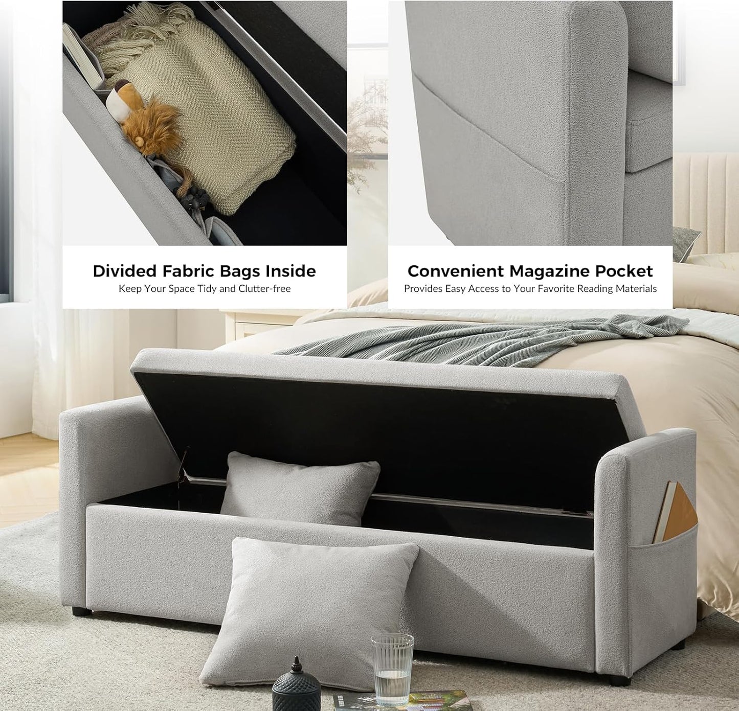 HULALA HOME Modern Storage Ottoman Bench with Throw Pillows, 59" Extra Long End of Bed Bench with Storage Pocket, Comfy Upholstered Footstool for Bedroom Entryway Living Room, Grey