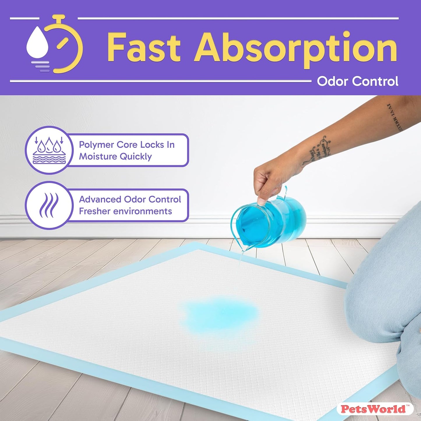 PETSWORLD Puppy Pads, 23x36 Inch, 100 Count - Puppy Pee Pads for Dogs, Tear Resistant, Economy Value, Super-Absorbent Polymer Gel Core, Perfect for Puppies, Smaller Dogs