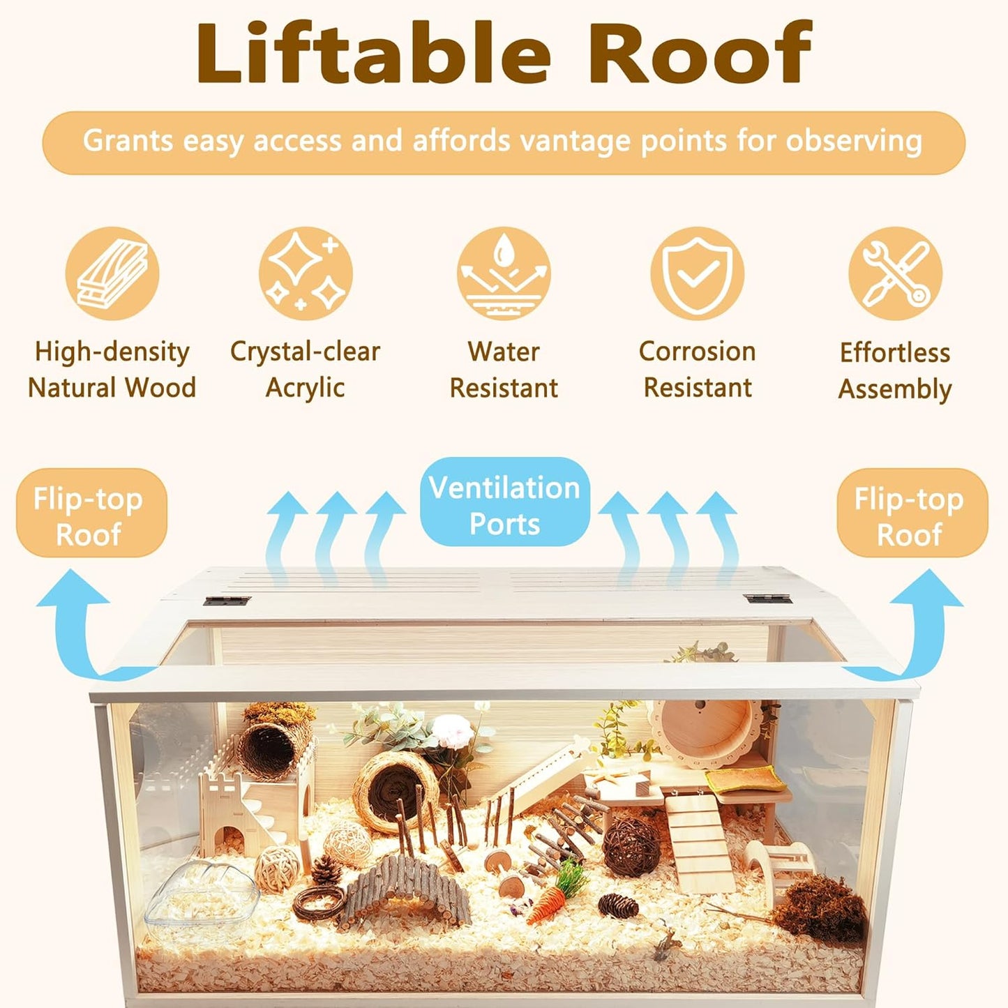 Prolee Hamster Cage Wooden Chew Proof, Extra Large Mice and Rat Habitat Openable Top with Acrylic Sheets Solid Built Small Animal Cage with Leg Stands, 40 Inch Long