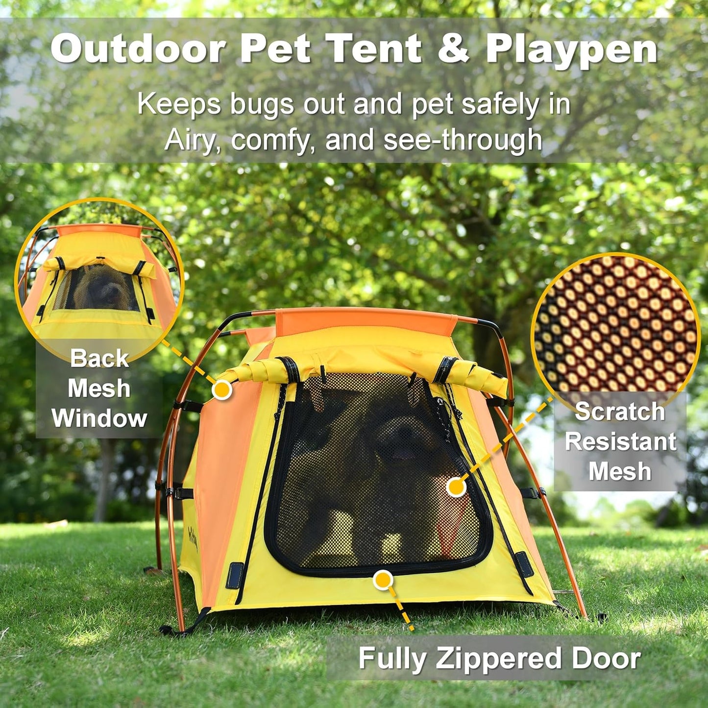 Dog Tent and Portable Playpen Outdoor Waterproof, with Aluminum Poles and Camping Mat, Pet Tent with Zippered Mesh Door, Dog House Outdoor, for Camping, Travel, Backyard, Patio (Yellow, Small)