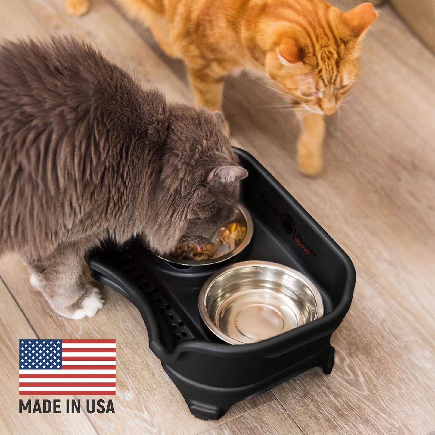 Neater Feeder Express Mess Proof Cat Bowls Elevated, No Spill Feeding Station, Stainless Steel Dishes for Food and Water, Raised Bowls for Indoor Cats, No Fatigue Whisker Friendly Dish, Black