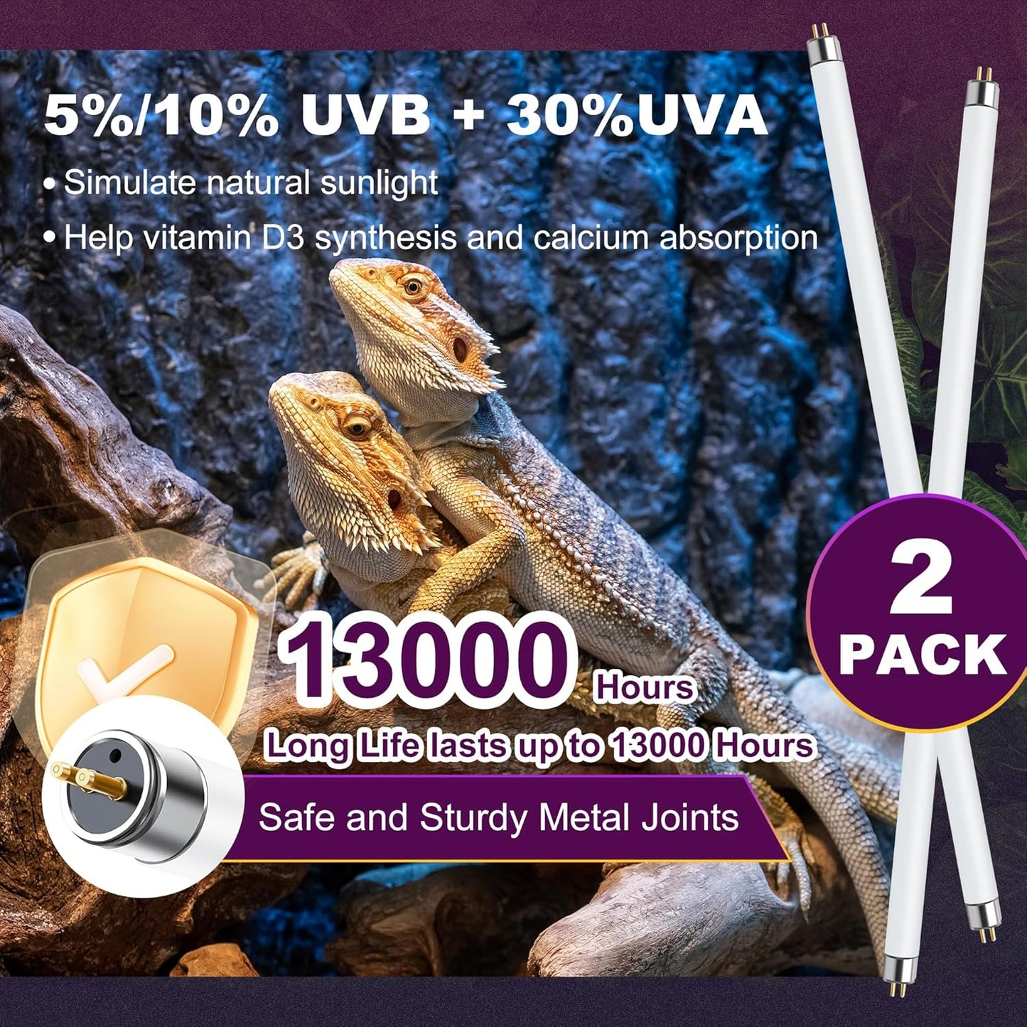 10.0 UVB Light for Reptiles, T5 HO 8 Watt Reptile Lamp Tube, Pack of 2 Fluorescent UVB Bulb, Basking Light for Bearded Dragon, Simulate Natural Sunlight for Reptiles and Amphibians