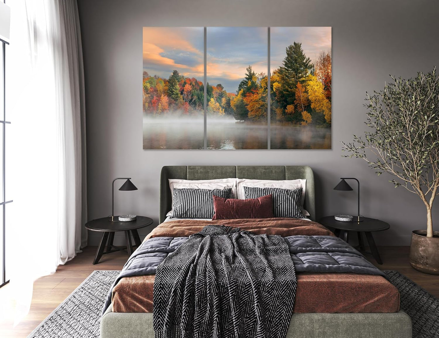 Nature Wall Art Prints - Ocean Forest Mountain Lake Canvas Landscapes - Small to Extra Large Living Room Bedroom Kitchen Bathroom Décor (Misty Fall Reflection, 39L" x 59W" - 3 Panels)