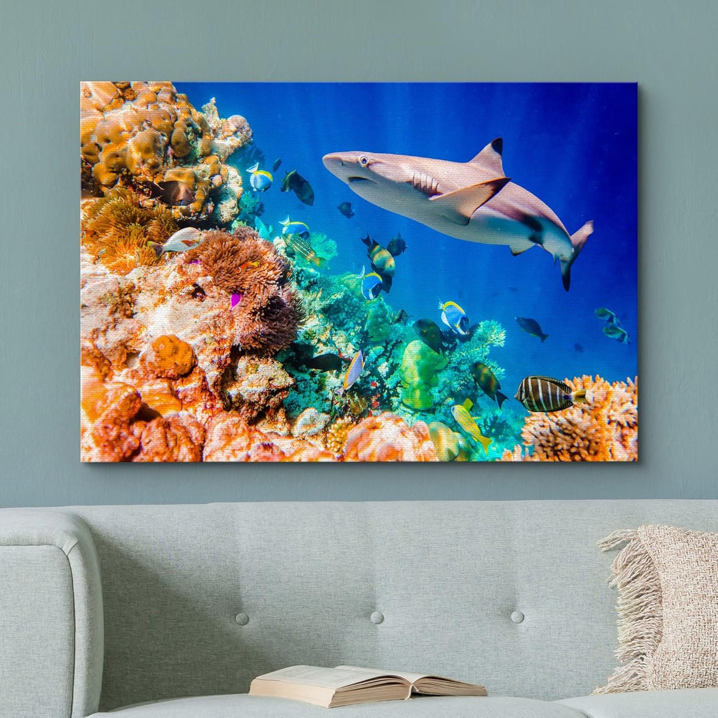 wall26 Canvas Print Wall Art Shark Fish Multicolor Coral Reef Ocean Sea Nature Animals Photography Realism Rustic Scenic Landscape Wilderness Earth for Living Room, Bedroom, Office - 16"x24"