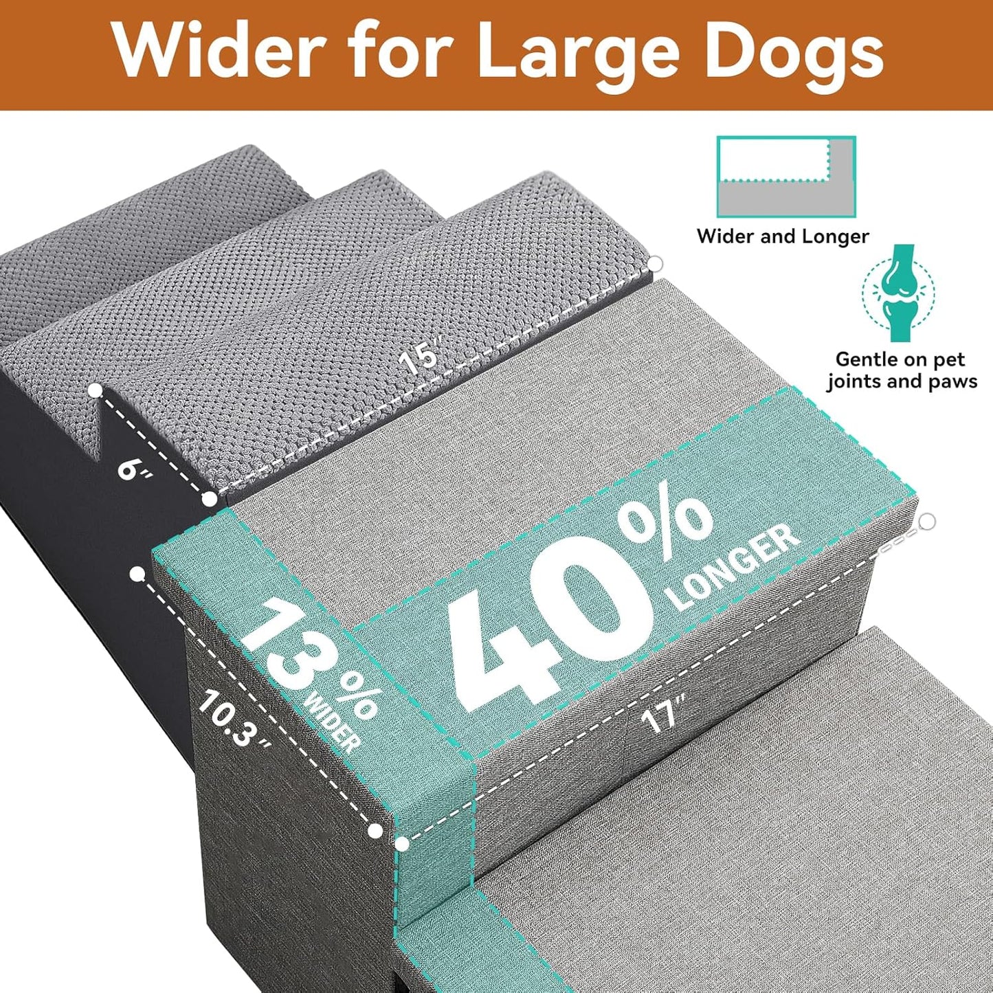 Wider Dog Stairs with Storage 18" H, 3-Step Sturdy Dog Steps for Large/Medium/Small Older Dogs Cats, Folding Pet Stairs Climbing Bed or Couch, Ramp for Car Up to 200 lbs (Gray, No Condo)