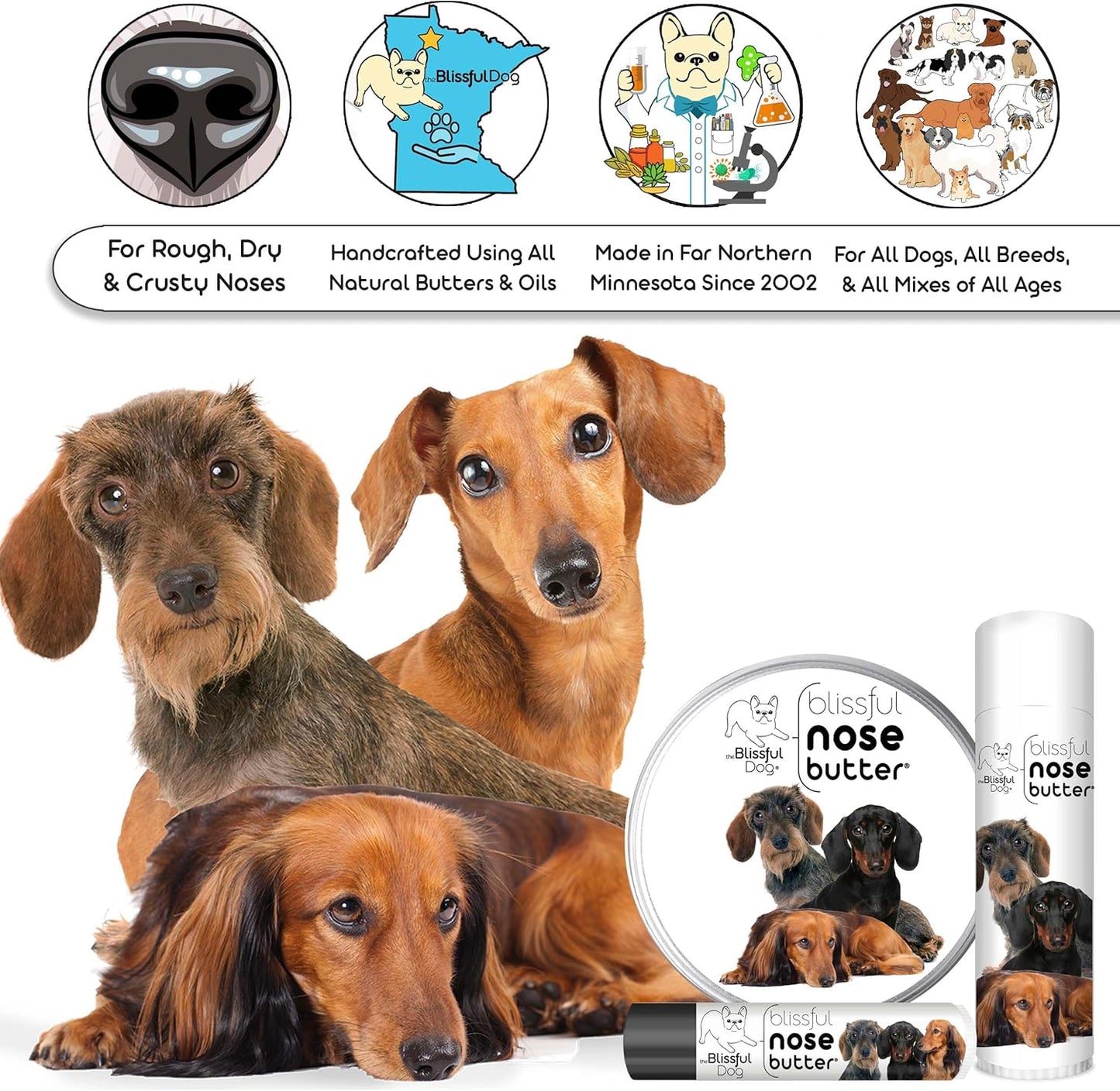 The Blissful Dog Daschund Nose Butter for Dry, Cracked Skin, Lick-Safe Dog Nose Balm with Moisturizing Shea Butter, Almond, Olive, and Essential Oils, Pet Supplies, Uncented, 2 oz.