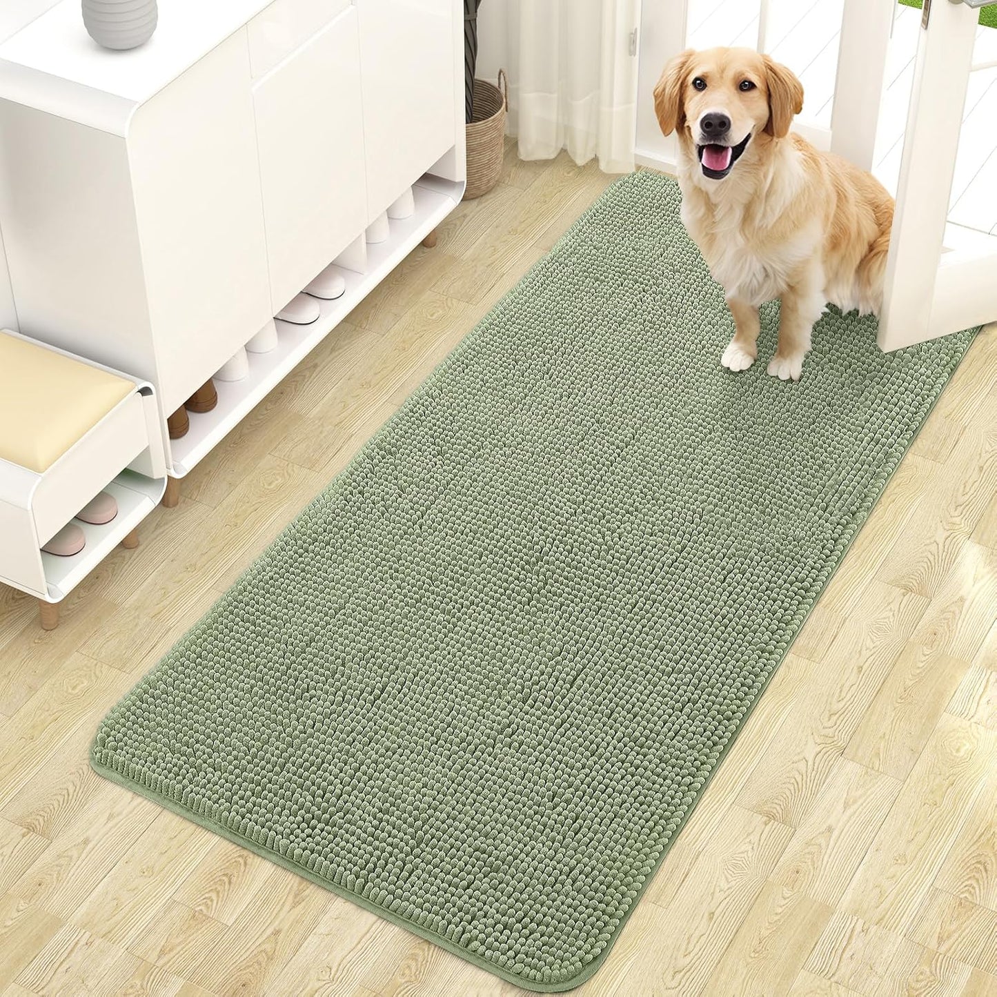 OLANLY Dog Door Mat for Muddy Paws 47x24, Absorbs Moisture and Dirt, Absorbent Non-Slip Washable Doormat, Quick Dry Chenille Mud Mat for Dogs, Entry Indoor Entryway Carpet for Inside Floor, Sage Green