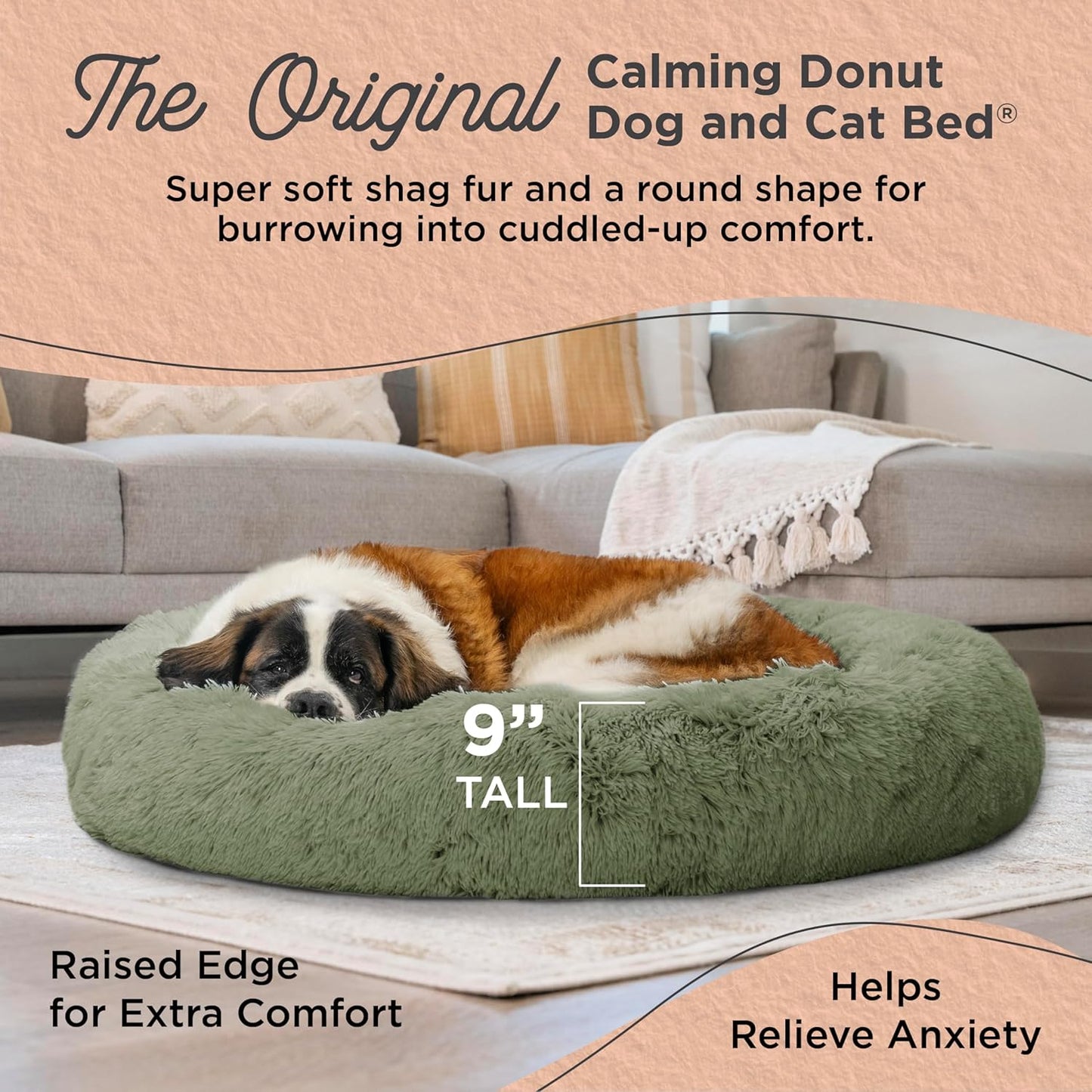Best Friends by Sheri Original Calming Donut Dog and Cat Bed, Shag Faux Fur, Sage Green, XL (45in x 45in) - Anxiety Relief for Pets Up to 150 lbs