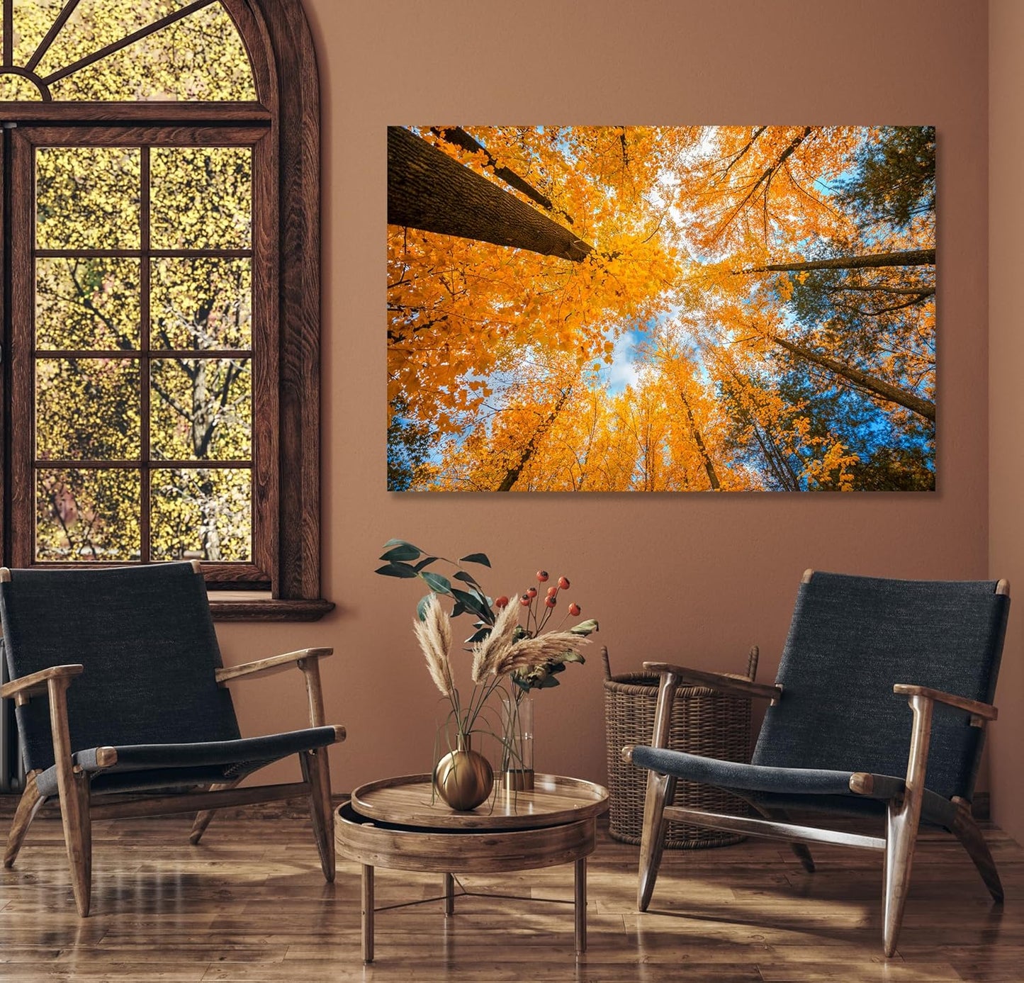 Nature Wall Art Prints - Ocean Forest Mountain Lake Canvas Landscapes - Small to Extra Large Living Room Bedroom Kitchen Bathroom Décor (Blue Sky Through Yellow Autumn Trees, 28L" x 41W")