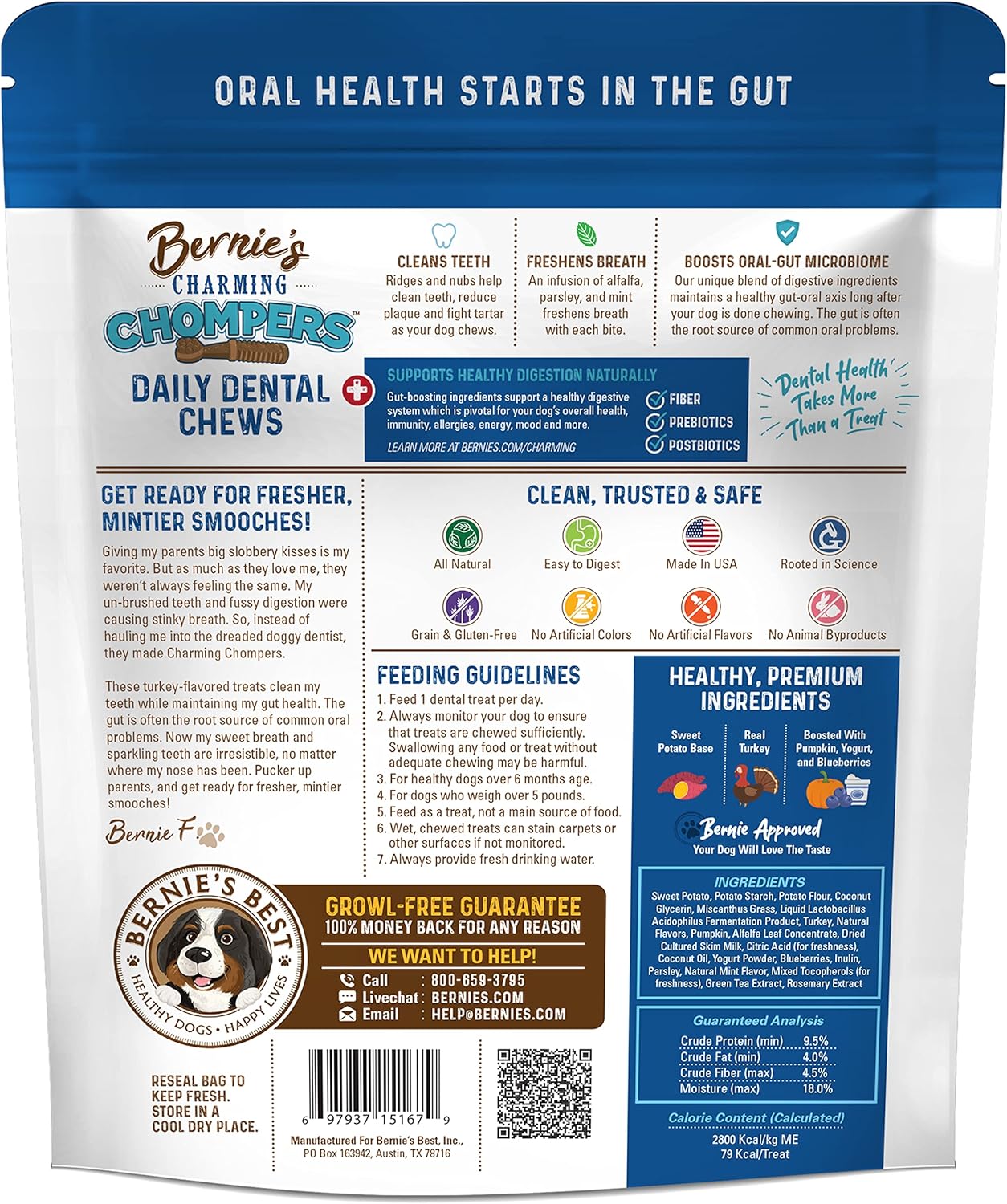Bernie's Charming Chompers - Daily Dental Chews for Dogs 26-50 Lbs. - 18 Count - Cleans Teeth, Freshens Breath, + Boosts Oral-Gut Microbiome. Easy to Digest, Supports Healthy Digestion Naturally