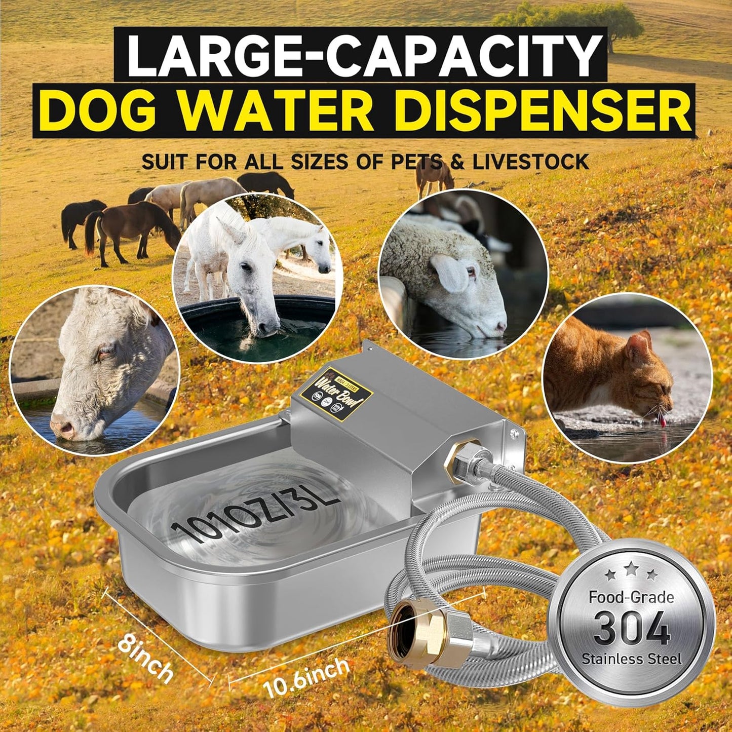 Automatic Water Dispenser for Dogs, 101oz Outdoor Dog Water Bowl, 304 Stainless Steel Water Feeder for Small to Large Pets, Large Livestock Waterer, Anti-Tipping, Water Auto-Fill, Easy to Clean