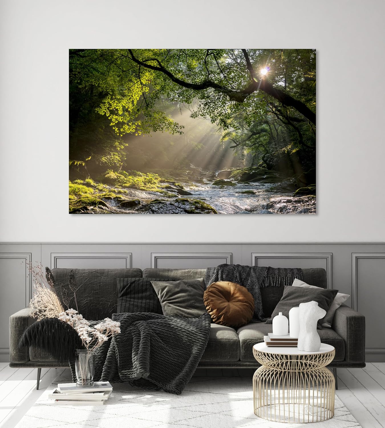 Nature Wall Art Prints - Ocean Forest Mountain Lake Canvas Landscapes - Small to Extra Large Living Room Bedroom Kitchen Bathroom Décor (Rocky River in the Woods, 31L" x 47W")