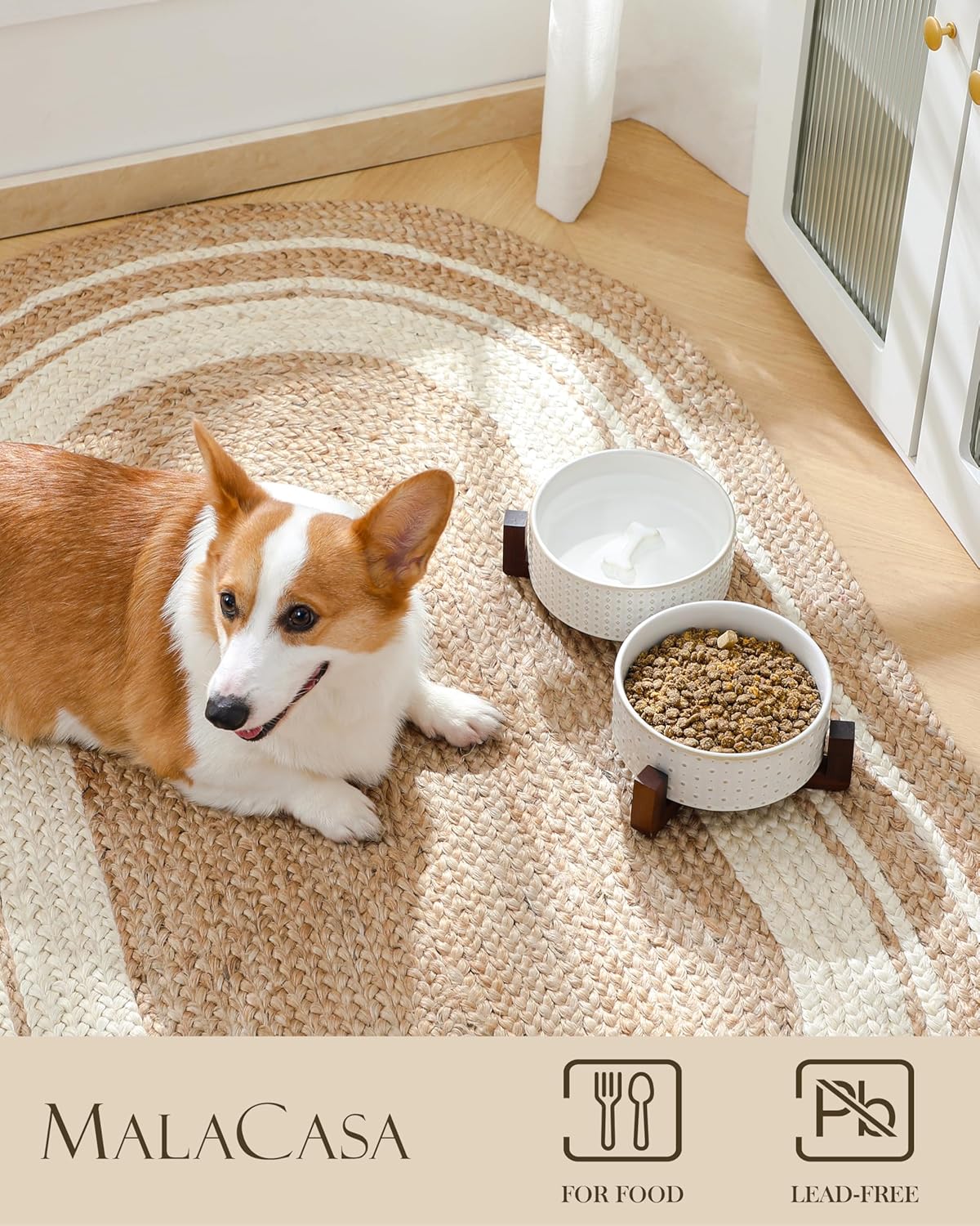 MALACASA Dog Bowl Set with Walnut Wood Stand, 3.5 Cups Ceramic Pet Bowls for Puppy Dogs, Dual Food and Water Bowls with Weighted Non-Slip Base, Basic Bowls for Your Dog or Cat, Rhombic & Polka Dots