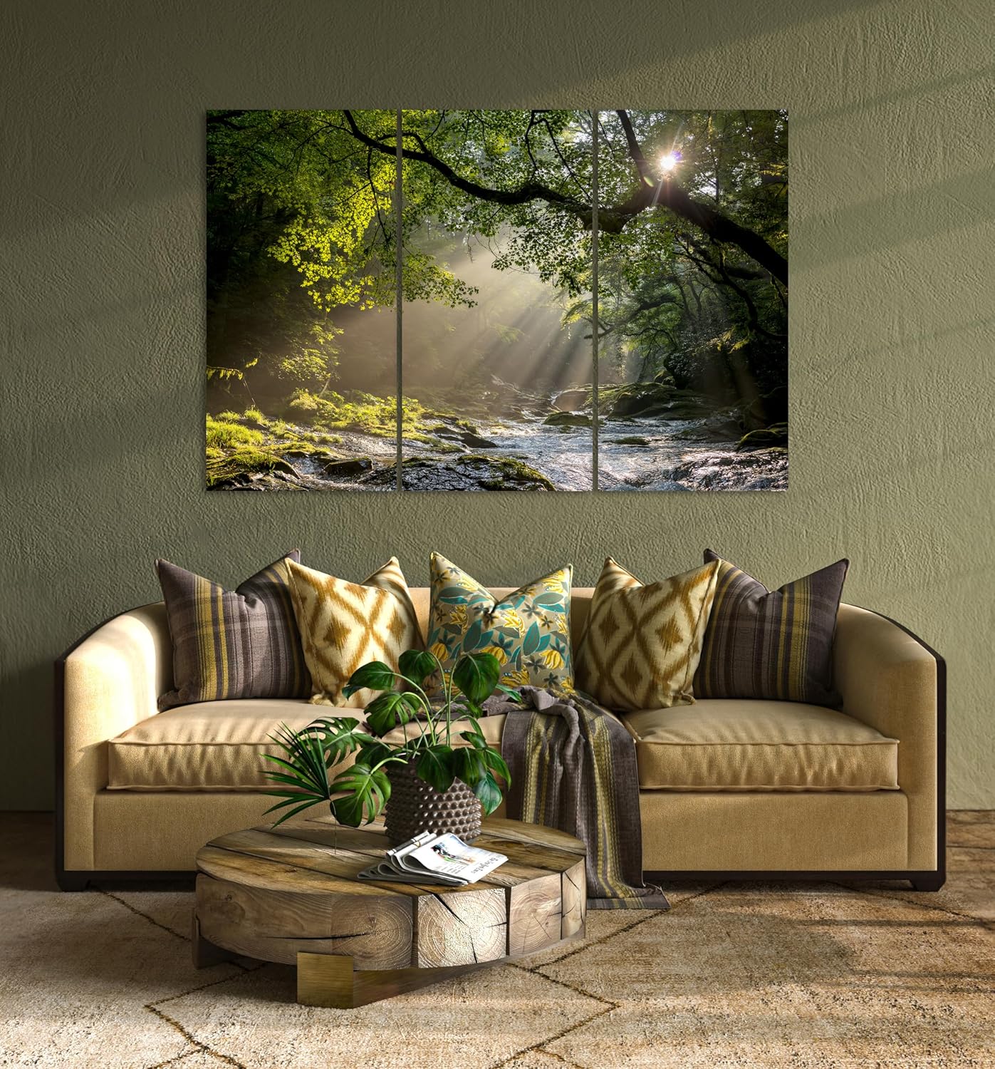 Nature Wall Art Prints - Ocean Forest Mountain Lake Canvas Landscapes - Small to Extra Large Living Room Bedroom Kitchen Bathroom Décor (Rocky River in the Woods, 47L" x 71W" - 3 panels)