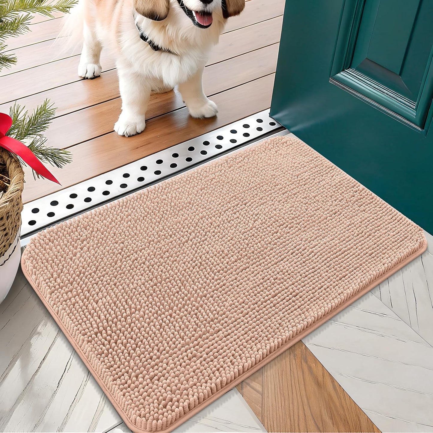 OLANLY Dog Door Mat for Muddy Paws 30x17, Absorbs Moisture and Dirt, Absorbent Non-Slip Washable Doormat, Quick Dry Chenille Mud Mat for Dogs, Entry Indoor Entryway Carpet for Inside Floor, Peach