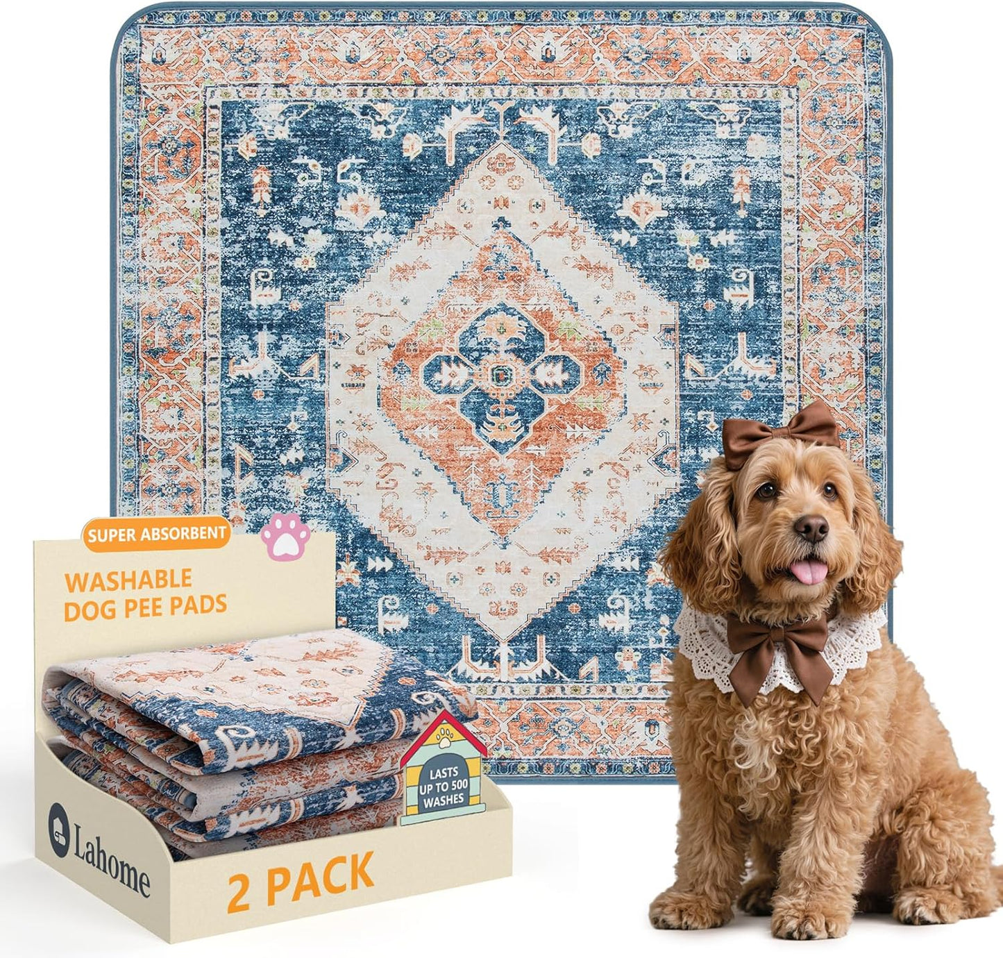 Lahome Super Absorbent Washable Pee Pads for Dogs - Secure Floor Protection - Non-Slip, Leakproof Reusable Pads for Training, Crates & Playpens (2 Pack, 36"x36", Beige Blue)