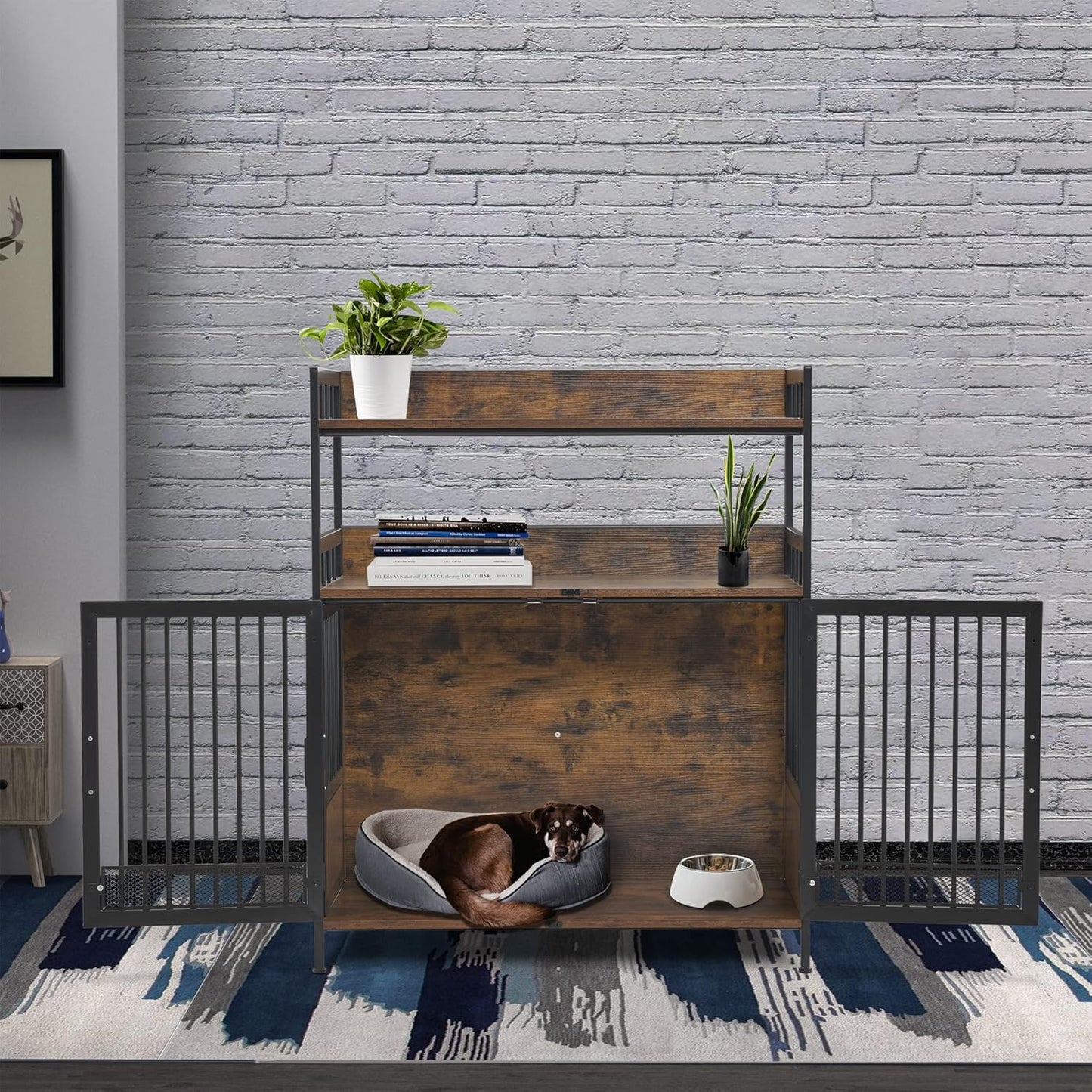 MCombo Furniture Style Dog Crate with Storage Shelves, Heavy Duty Wooden Dog Cage End Table, Triple Doors Pet House Indoor, 1368 (Brown)