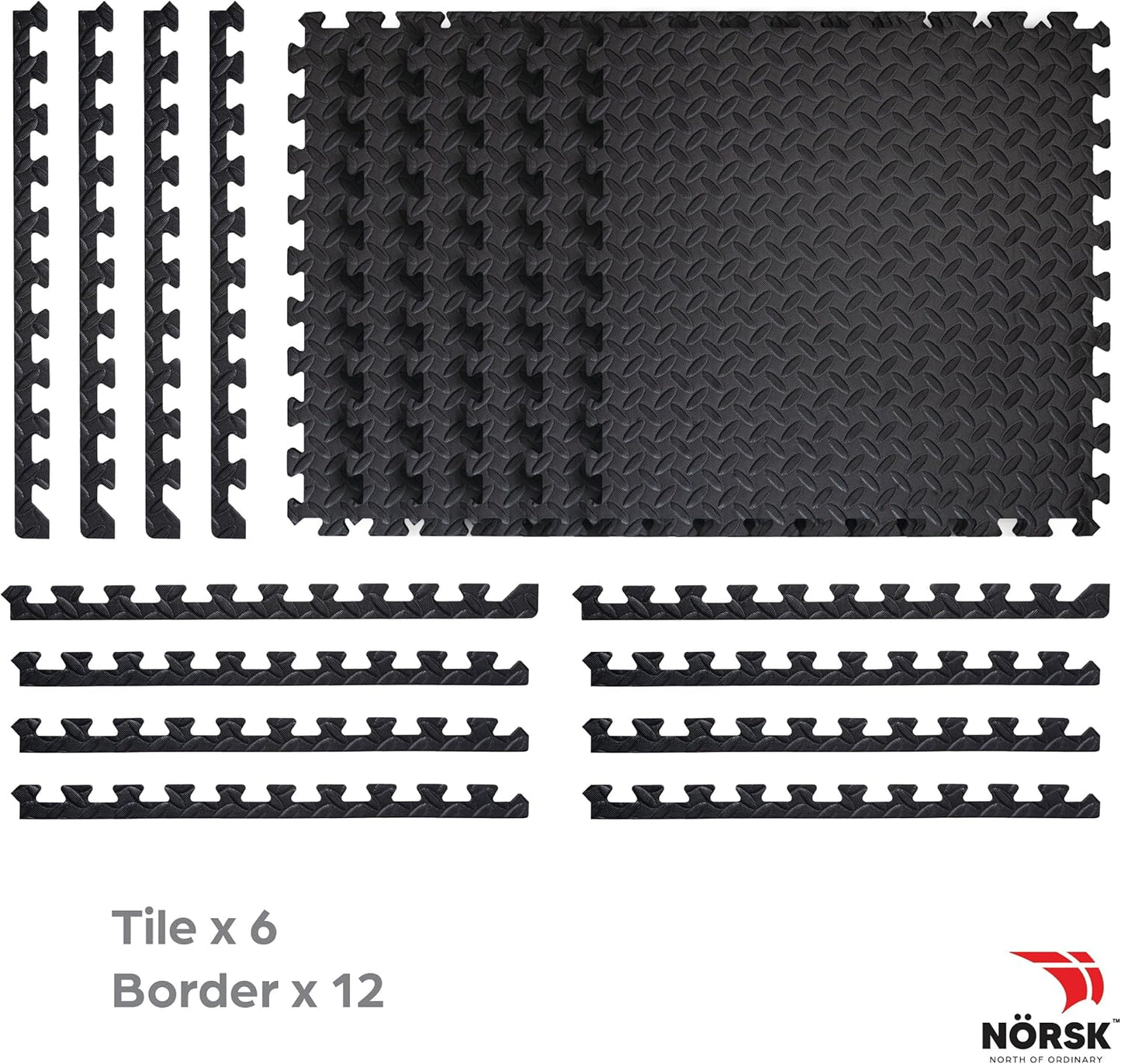 Norsk Foam Floor Gym Mats with Interlocking Tiles, .47" Thick, 24"x24",6-Pack, 24 Square Feet, Diamond Plate Design, Black