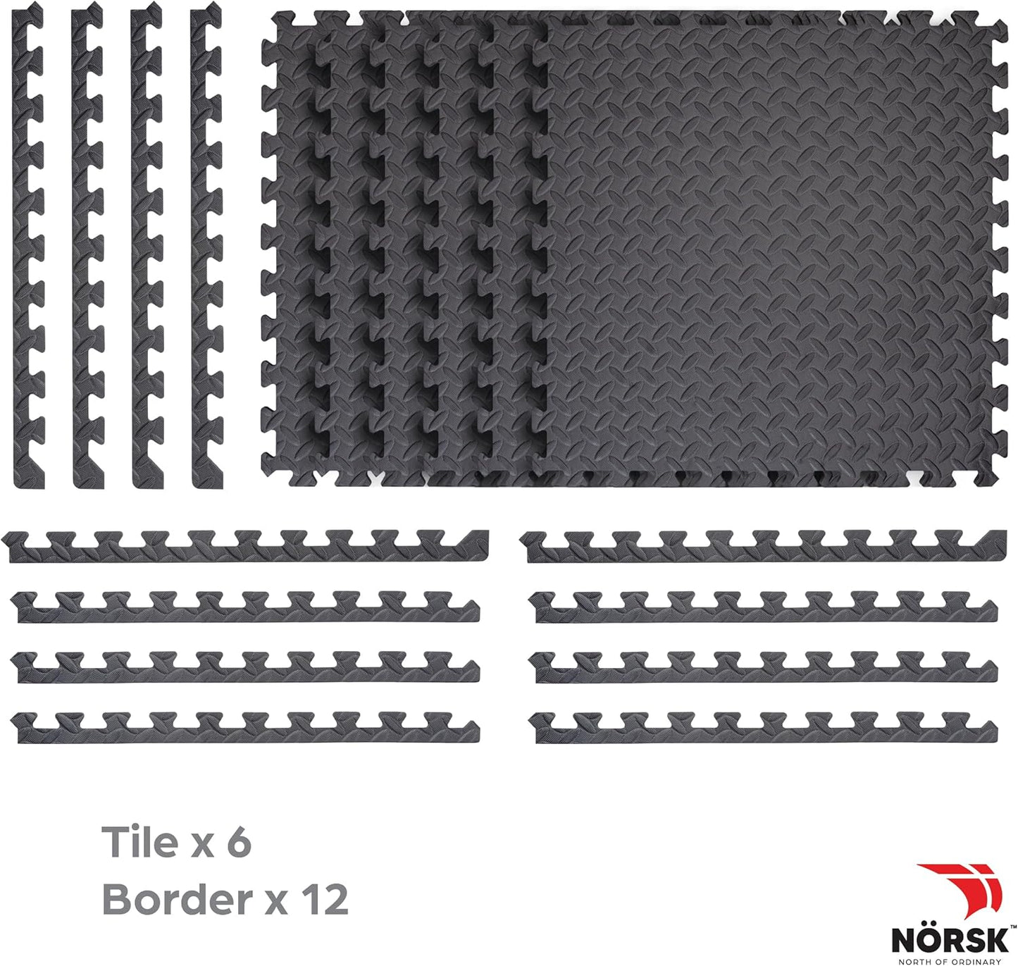 Norsk Foam Floor Gym Mats with Interlocking Tiles, .47" Thick, 24"x24", 18-Pack, 72 Square Feet, Diamond Plate Design, Grey