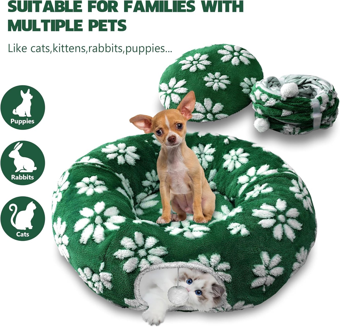 Cat Tunnel for Indoor Cats, Cute Peekaboo Cat Cave with Dangling Balls, Pet Donut Tunnel Bed with Circle Mat for Puppy Kitten Rabbit, Green Flower