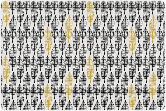 Lunarable Aztec Pet Mat for Food and Water, Modern Graphic of Ornate Hand Drawn Style Old Feather Form with Aztec Lines Print, Non-Slip Rubber Mat for Dogs and Cats, 18" X 12", Charcoal Yellow