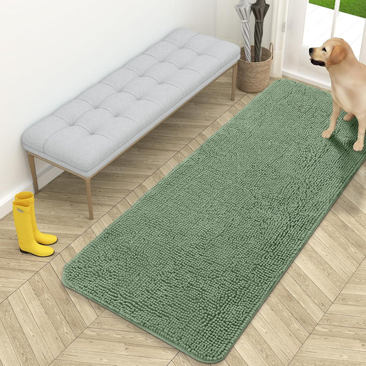 OLANLY Dog Door Mat for Muddy Paws 59x24, Absorbs Moisture and Dirt, Absorbent Non-Slip Washable Doormat, Quick Dry Chenille Mud Mat, Entry Indoor Entryway Carpet for Inside Floor, Olive Green