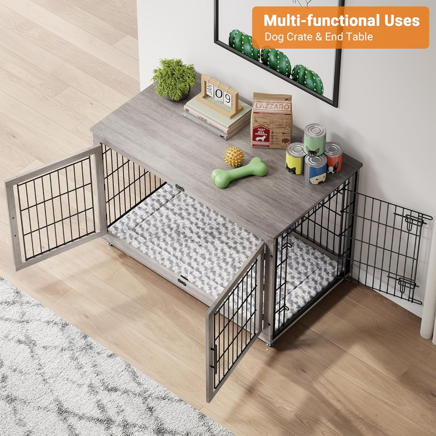 Lulive Dog Crate Furniture, XL Wooden Dog Kennel Indoor Double Doors Dog Cage, 44'' Heavy Duty Dog Crate with Cushion & Wheels, Decorative End Table Chew-Resistant for Extra Large/Medium, Grey