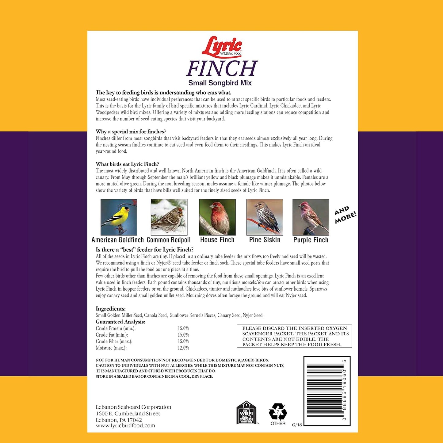 Lyric Finch - Small Songbird Wild Bird Seed - Attracts Goldfinches, House Finches, Purple Finches & More - 5 lb. Bag