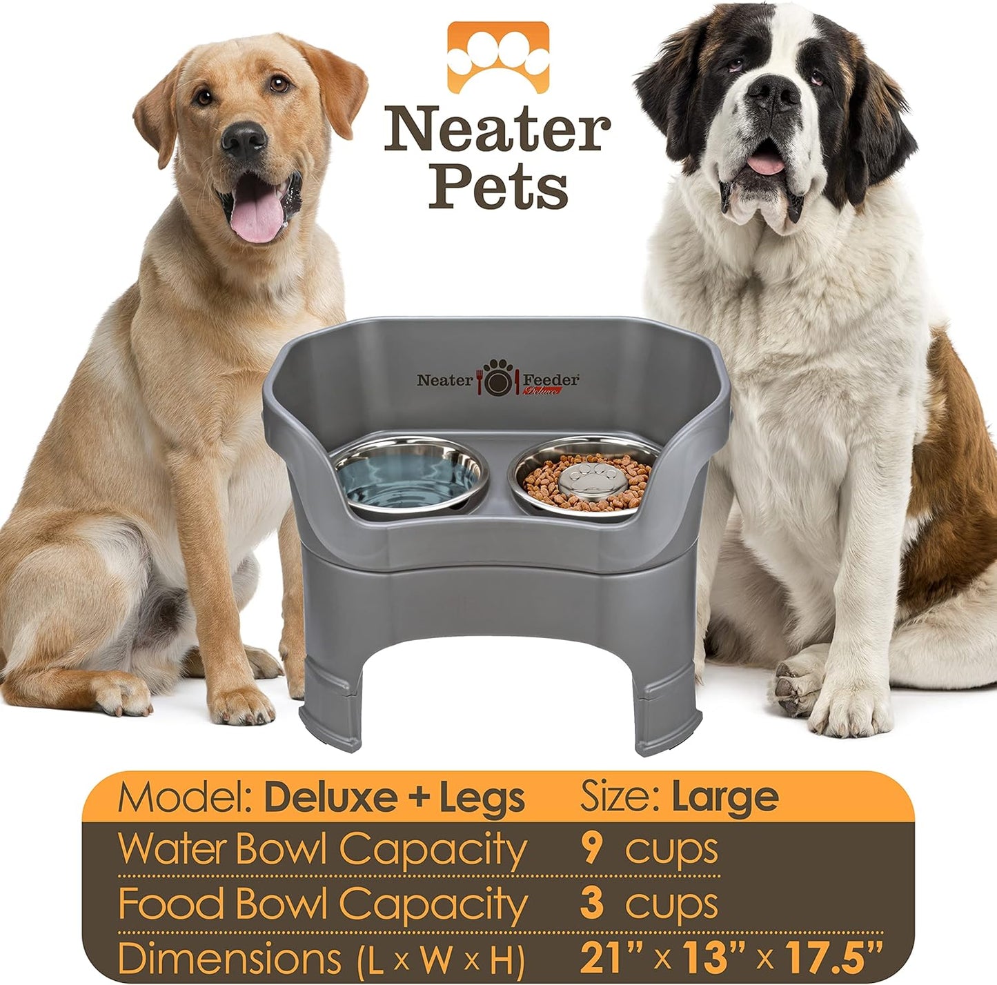 Neater Feeder Deluxe Mess Proof Dog Bowls Elevated for Large Breeds – Made in USA – No Spill Raised Slow Feeder Elevated Dog Bowl Stand w/Leg Extensions, Food and Water Bowl Set, Grey