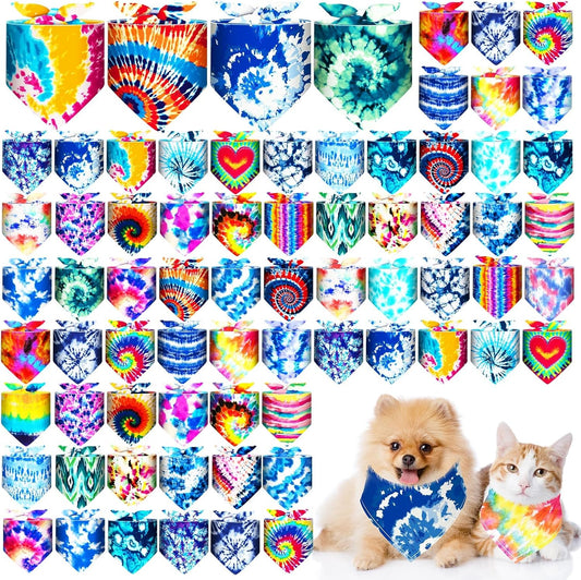 Reginary 72 Pack Tie Dye Dog Bandanas - Bulk Pet Scarf Bibs Triangle Kerchief Adjustable for Pet Grooming Costume Accessories