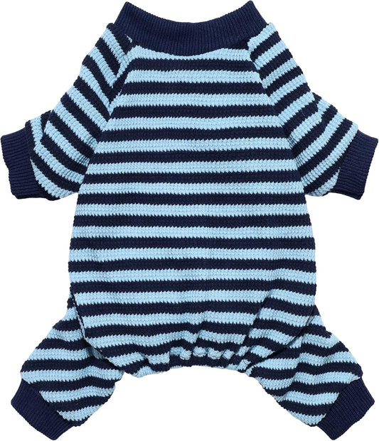 Fitwarm Blue and White Striped Dog Pajamas, Waffle Dog Clothes for Small Dogs Girl Boy, Puppy Onesie with Feet, Pet Cat Outfit, XXL